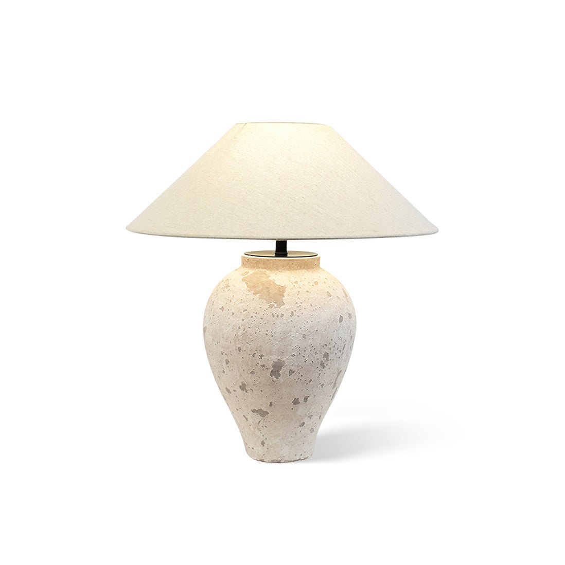 Tuscan Stone Table Lamp | Weathered Ceramic & Metal | Beige Shade