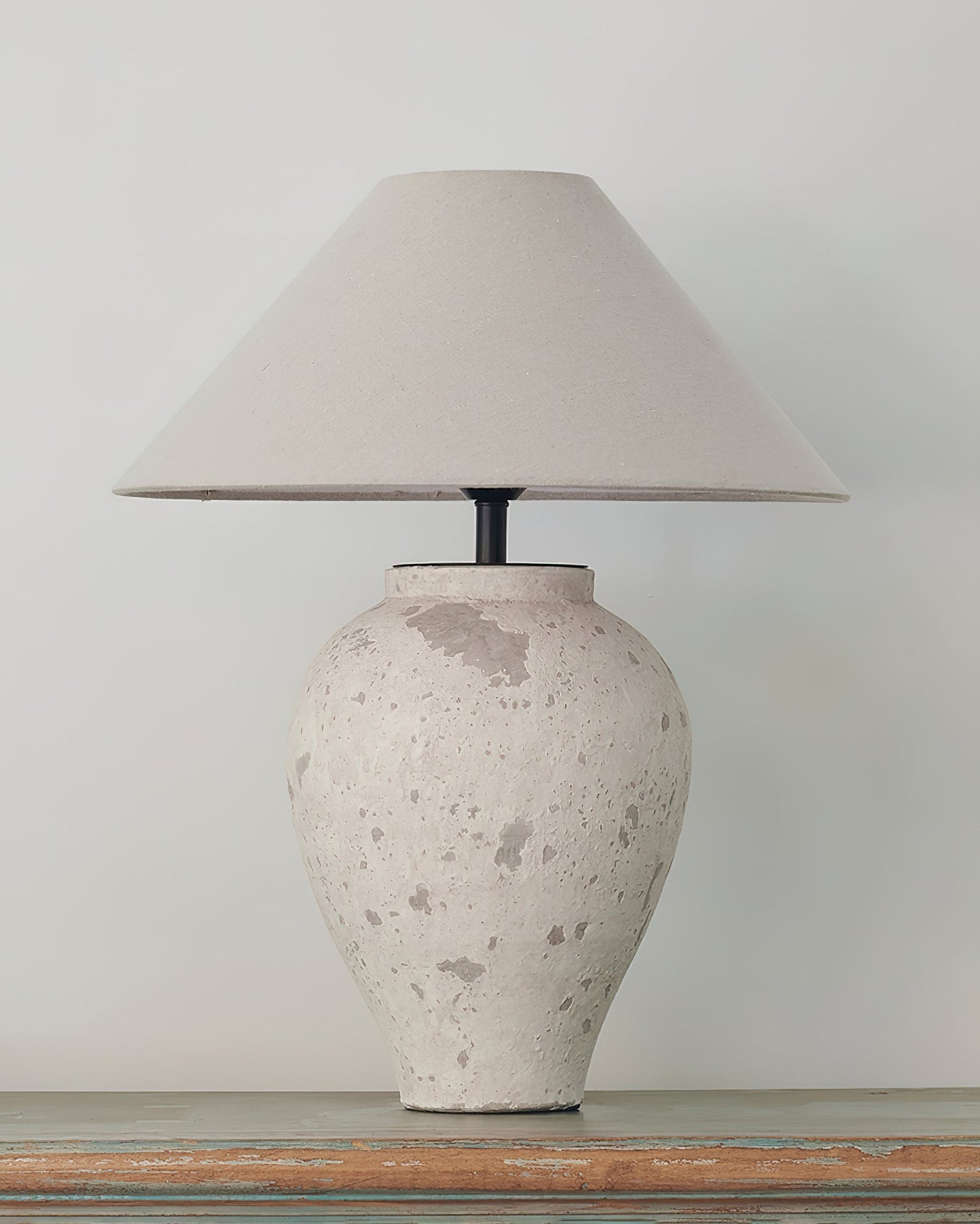 Tuscan Stone Table Lamp | Weathered Ceramic & Metal | Beige Shade