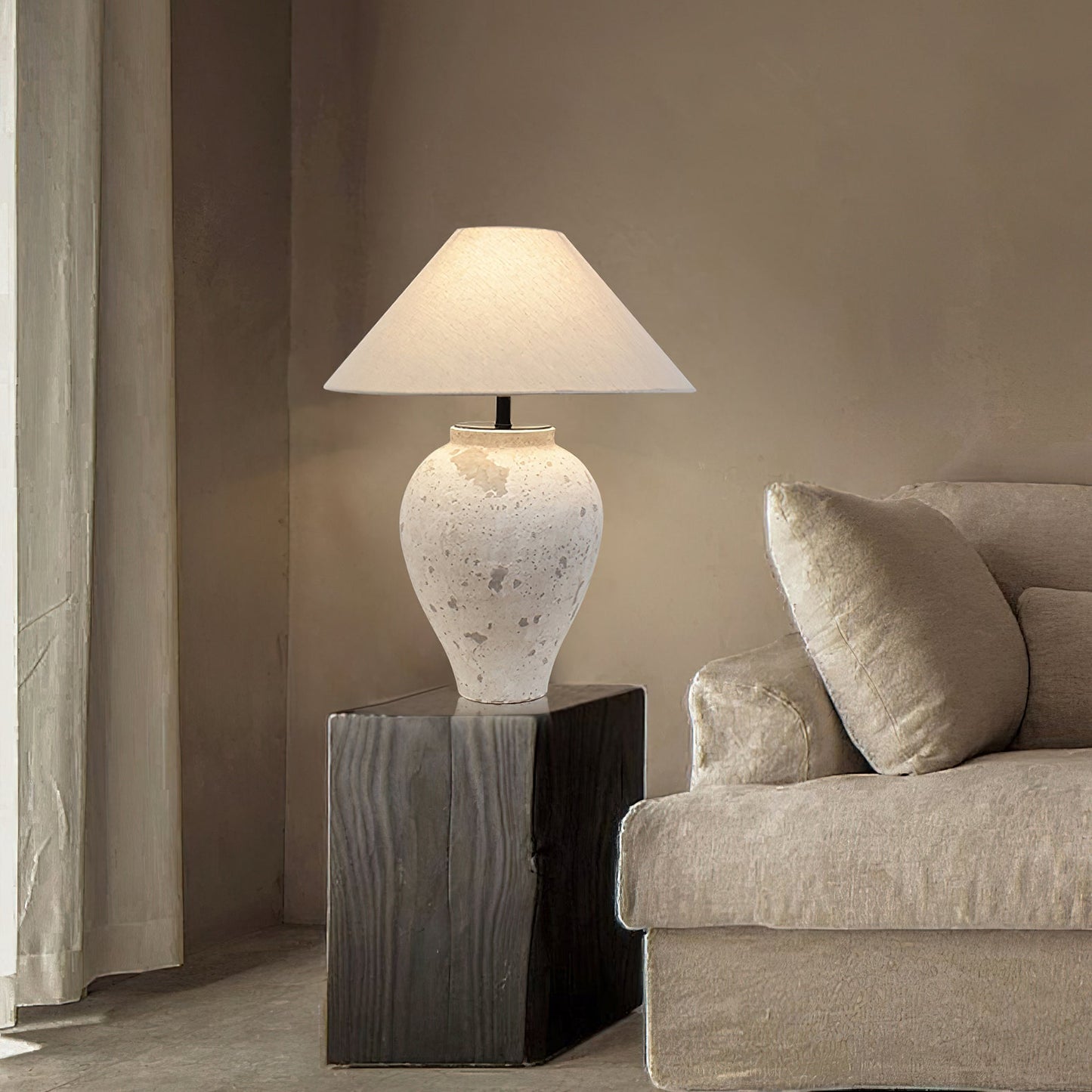 Tuscan Stone Table Lamp | Weathered Ceramic & Metal | Beige Shade