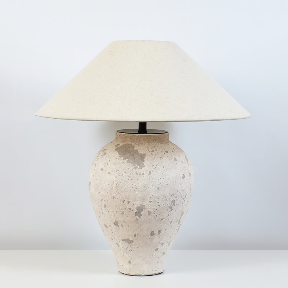 Tuscan Stone Table Lamp | Weathered Ceramic & Metal | Beige Shade