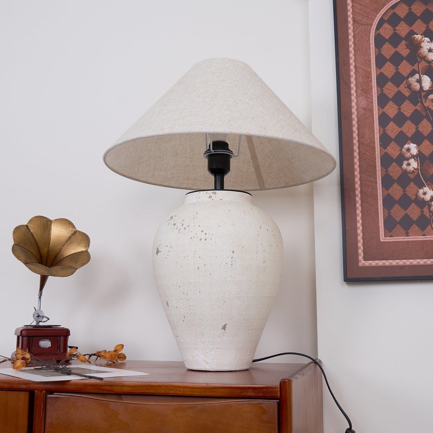 Tuscan Stone Table Lamp | Weathered Ceramic & Metal | Beige Shade