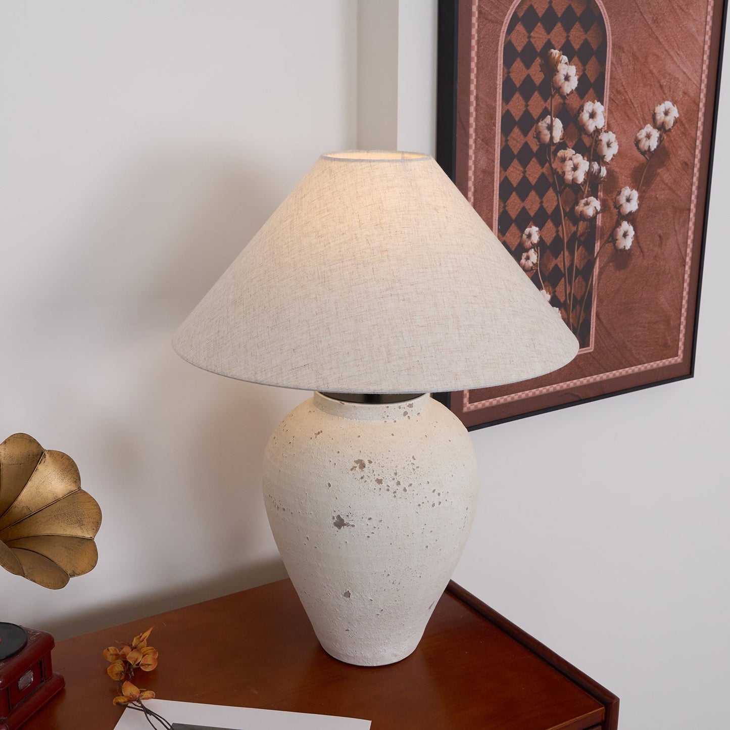 Tuscan Stone Table Lamp | Weathered Ceramic & Metal | Beige Shade
