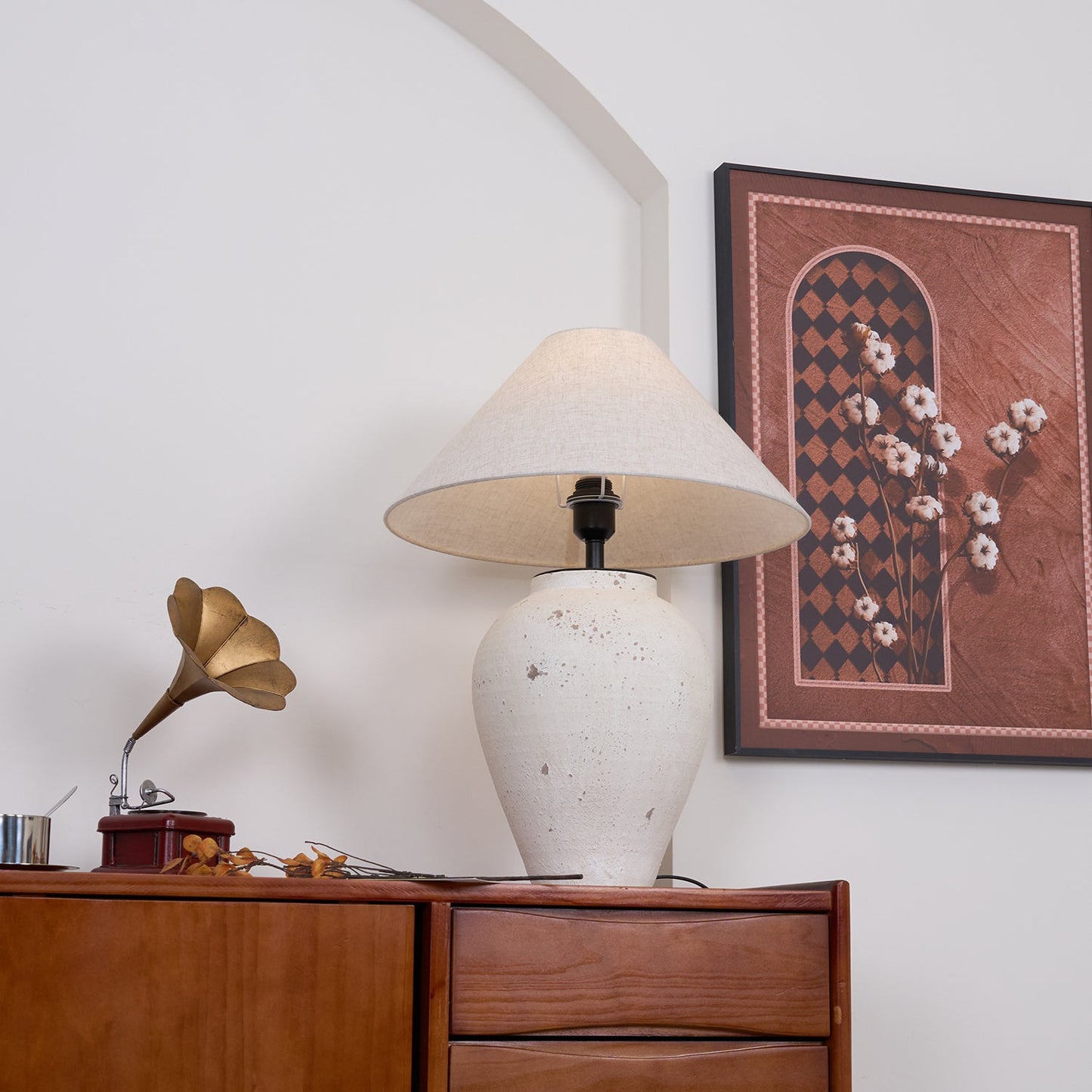 Tuscan Stone Table Lamp | Weathered Ceramic & Metal | Beige Shade
