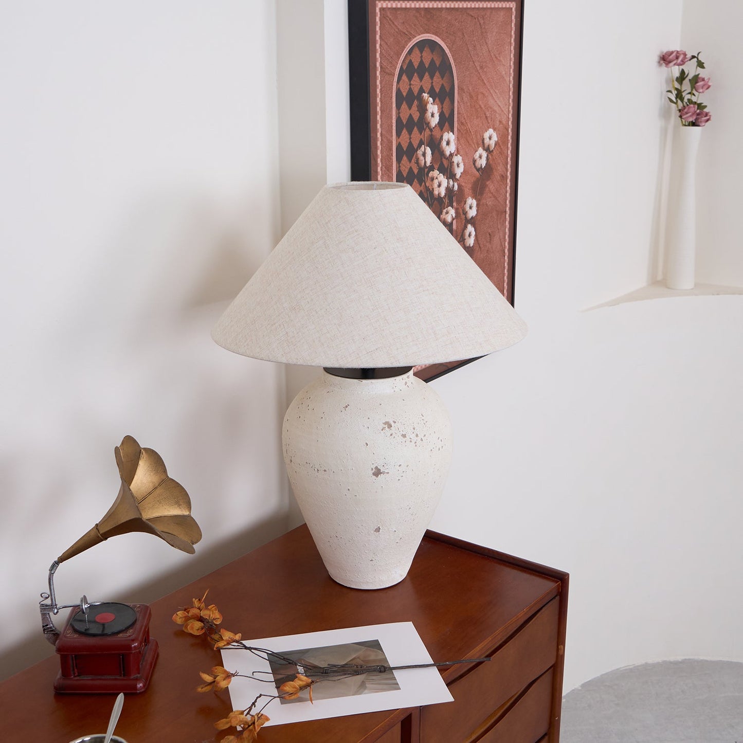 Tuscan Stone Table Lamp | Weathered Ceramic & Metal | Beige Shade