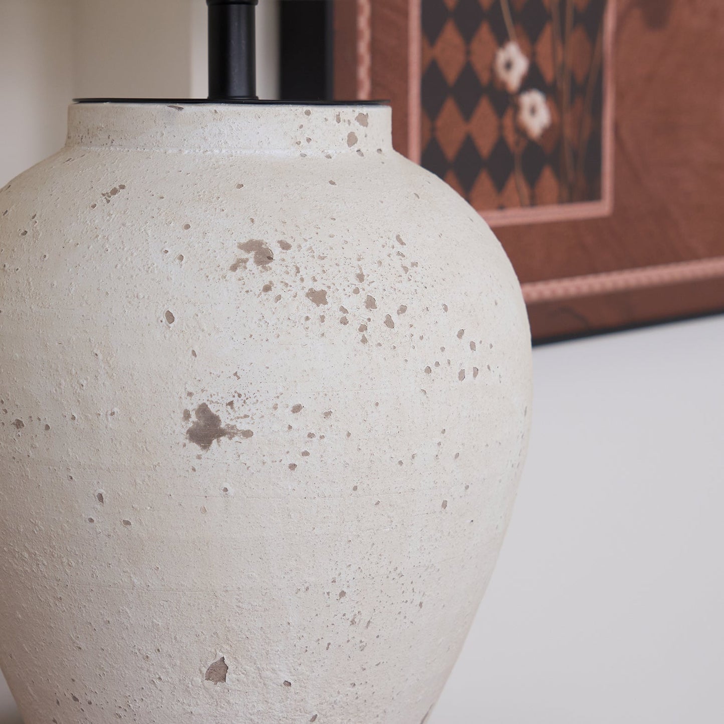 Tuscan Stone Table Lamp | Weathered Ceramic & Metal | Beige Shade