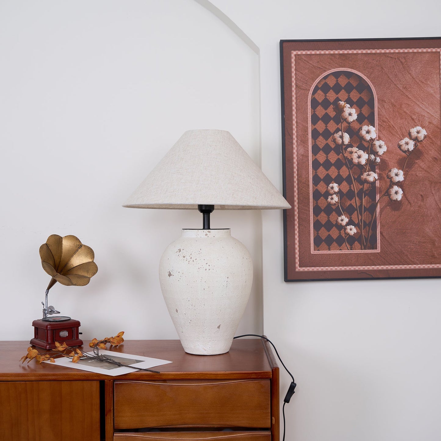 Tuscan Stone Table Lamp | Weathered Ceramic & Metal | Beige Shade