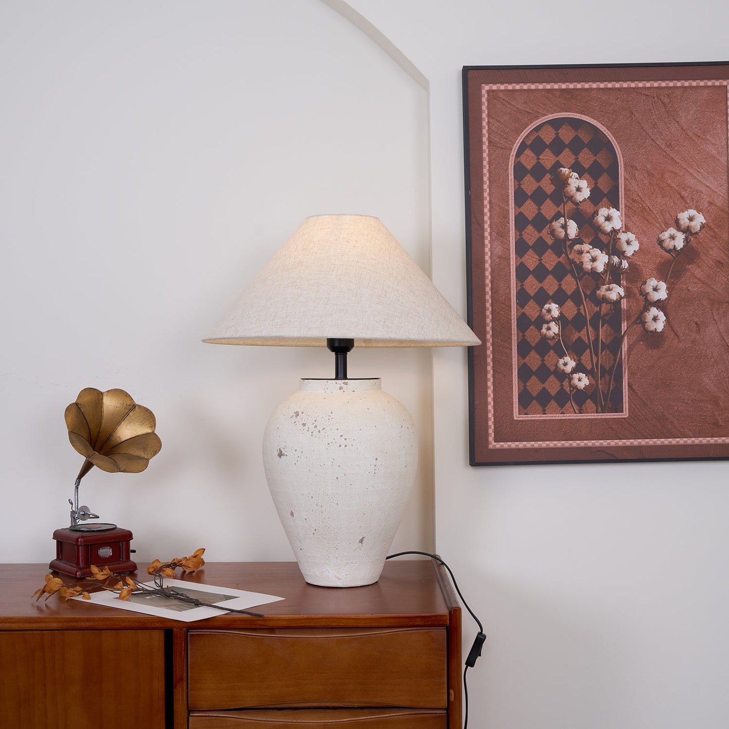 Tuscan Stone Table Lamp | Weathered Ceramic & Metal | Beige Shade