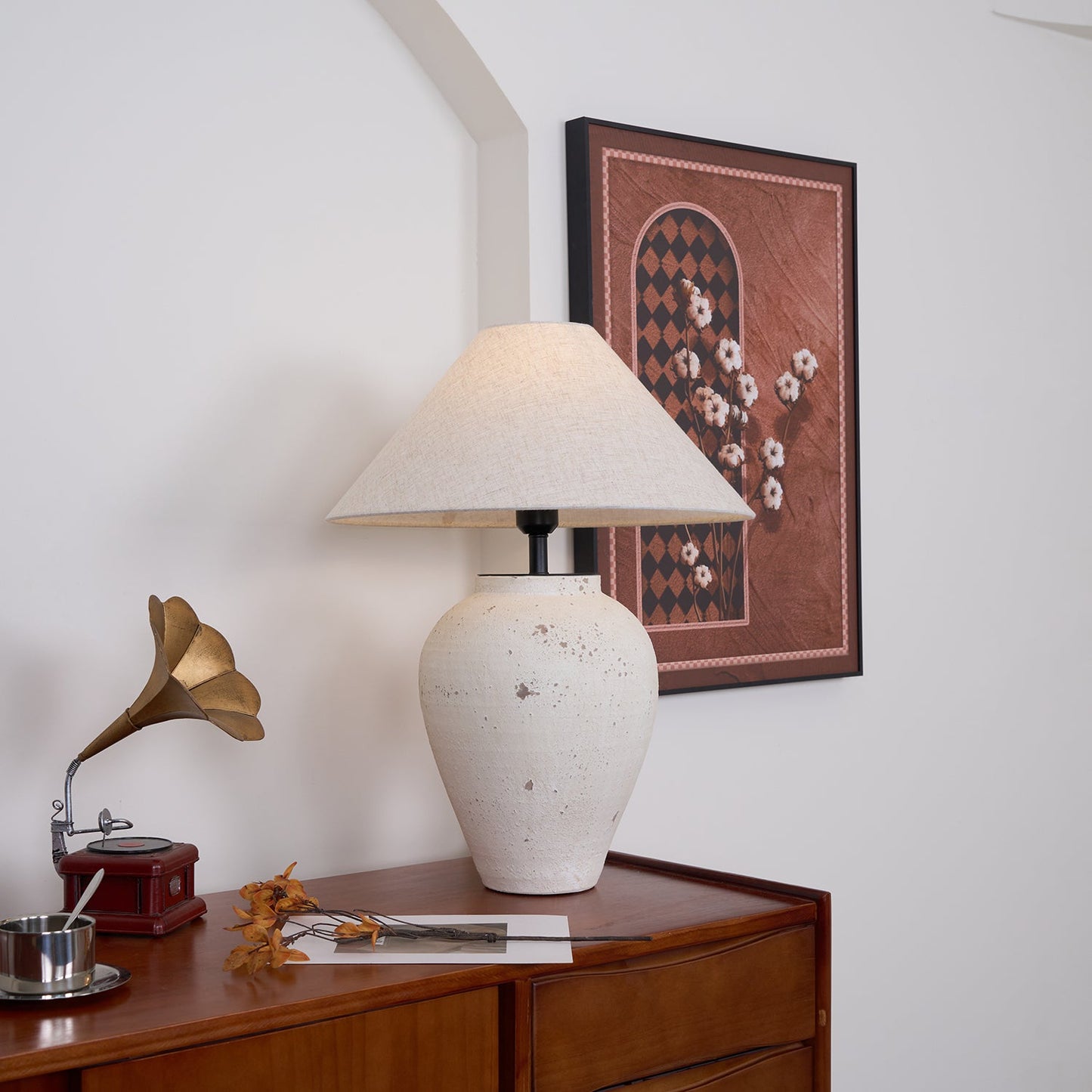 Tuscan Stone Table Lamp | Weathered Ceramic & Metal | Beige Shade
