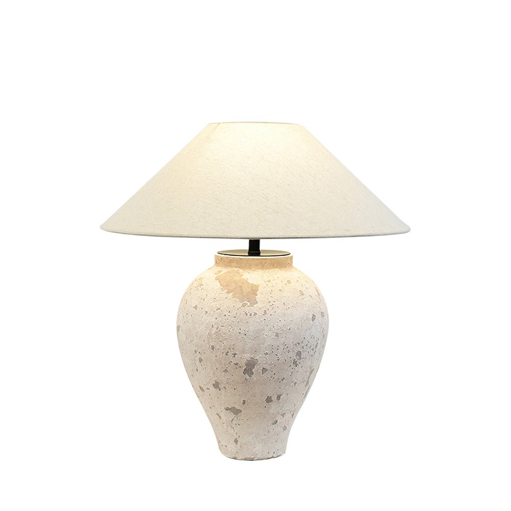 Tuscan Stone Table Lamp | Weathered Ceramic & Metal | Beige Shade