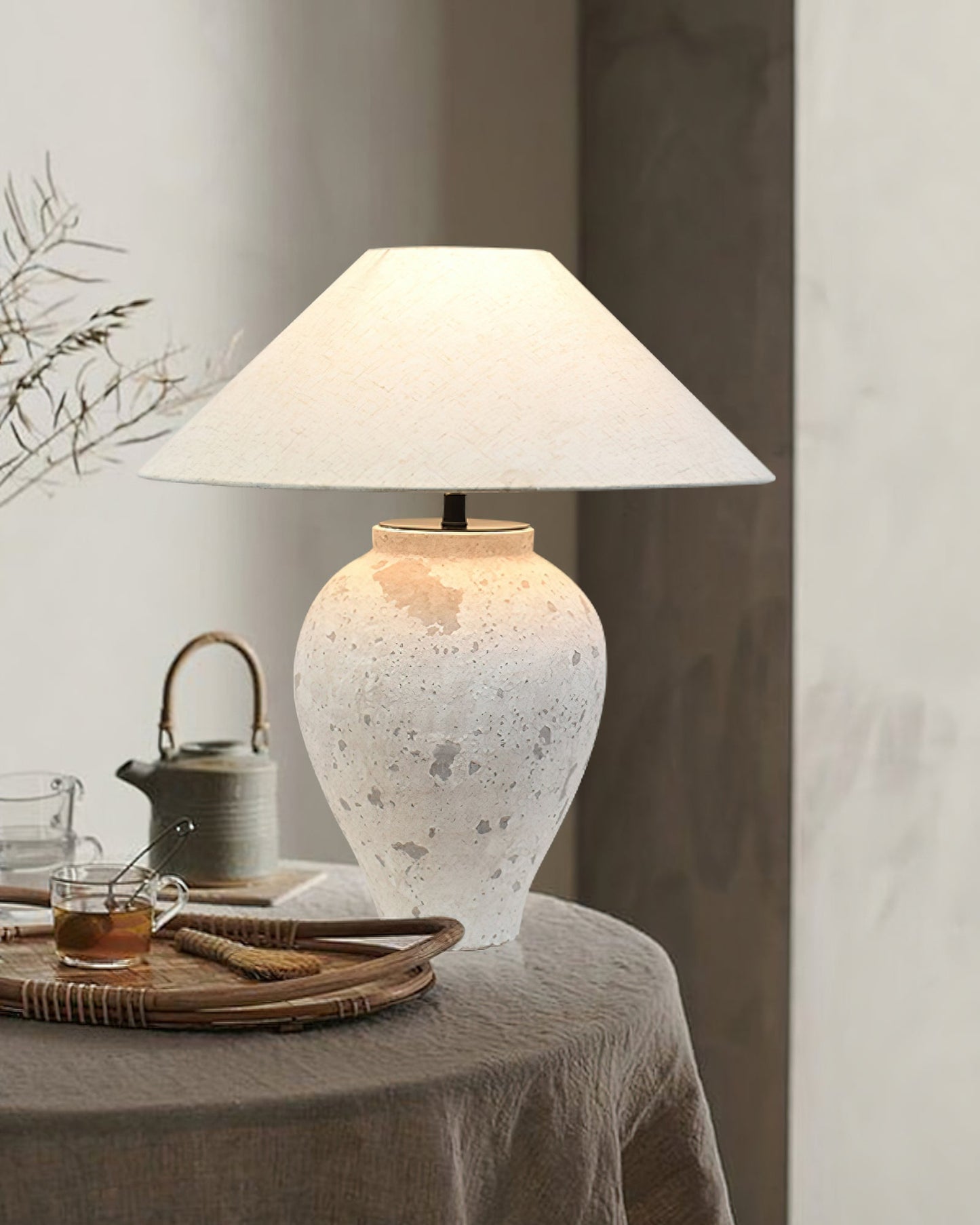 Tuscan Stone Table Lamp | Weathered Ceramic & Metal | Beige Shade