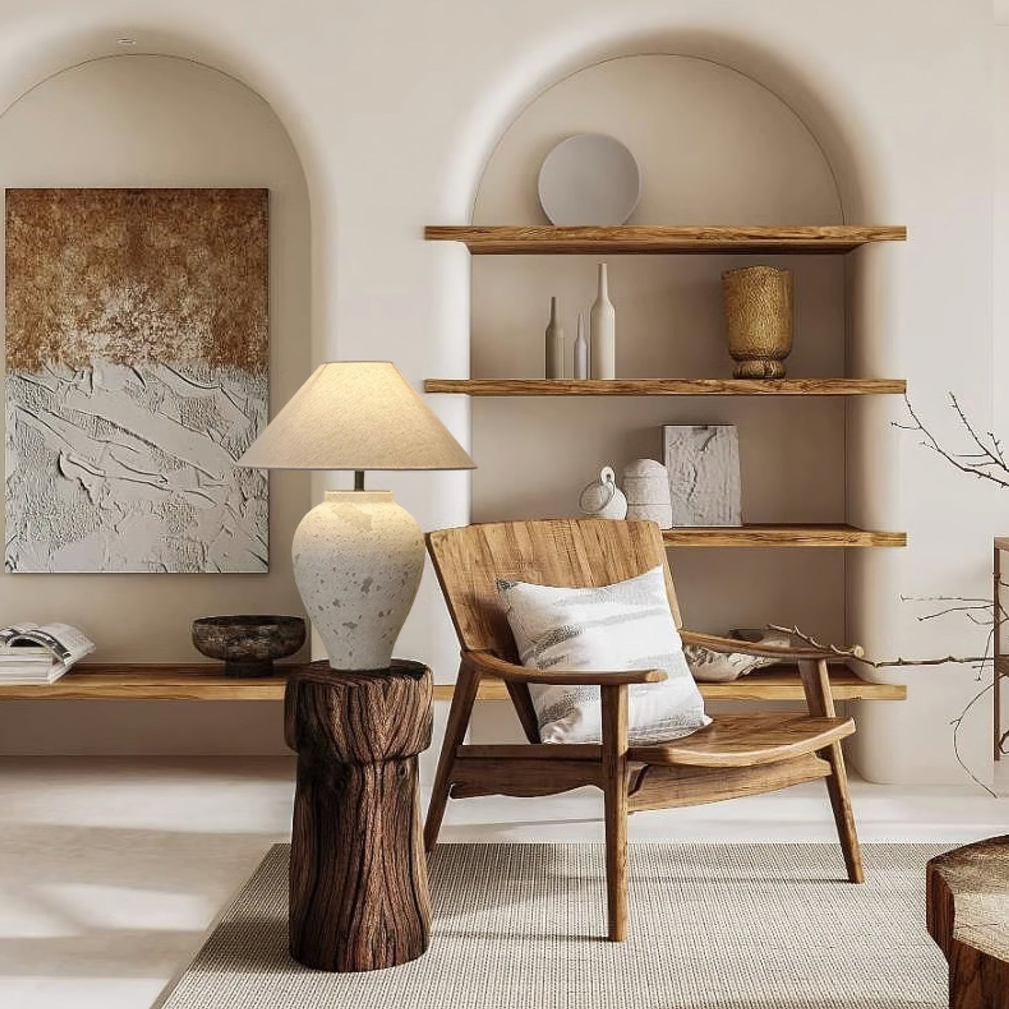 Tuscan Stone Table Lamp | Weathered Ceramic & Metal | Beige Shade