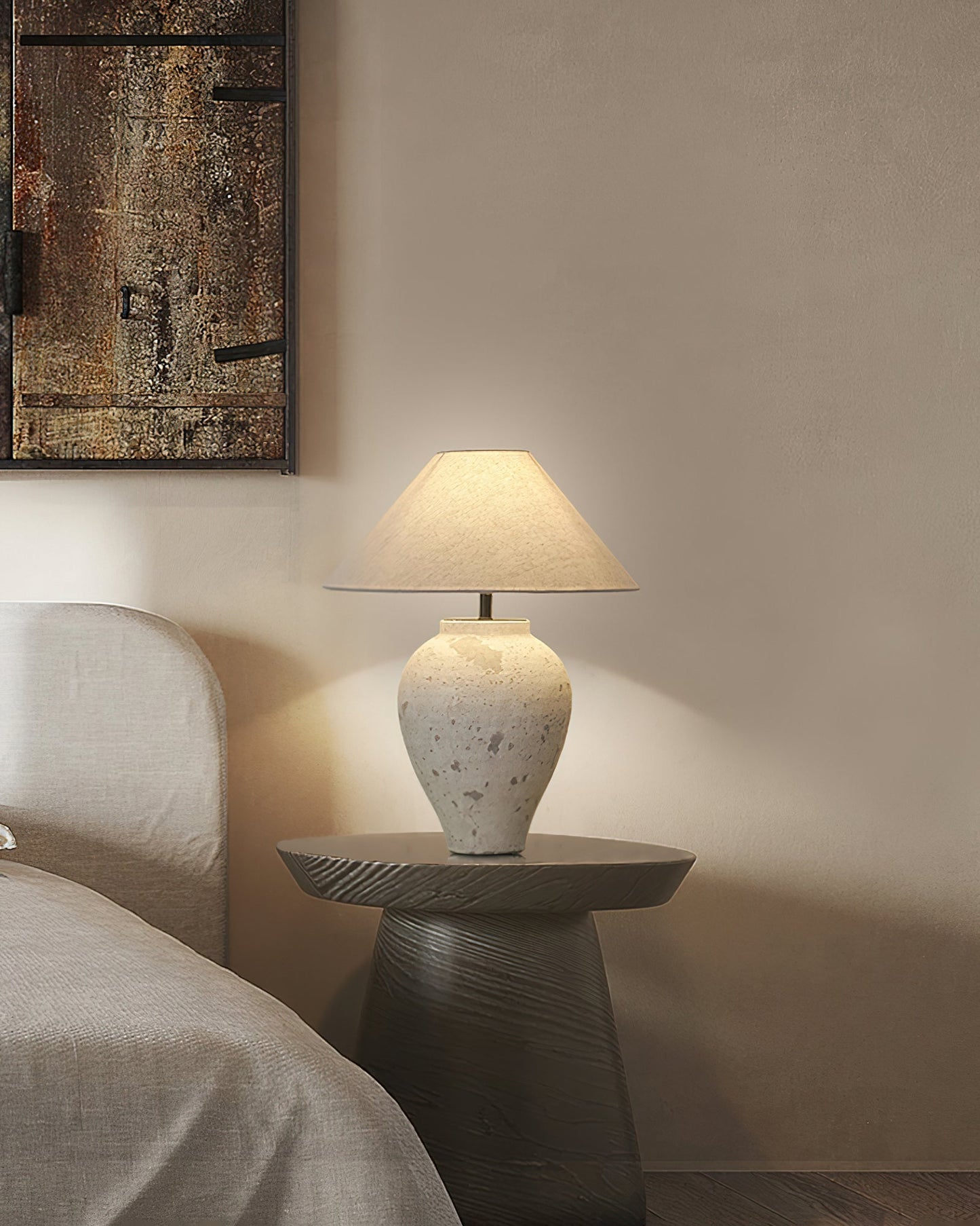 Tuscan Stone Table Lamp | Weathered Ceramic & Metal | Beige Shade