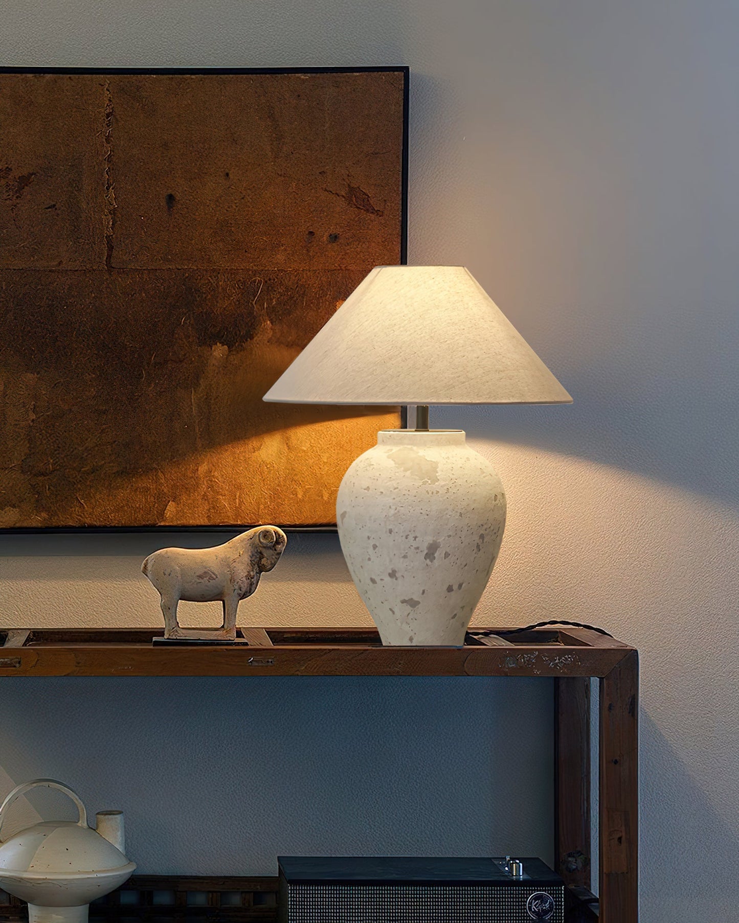 Tuscan Stone Table Lamp | Weathered Ceramic & Metal | Beige Shade