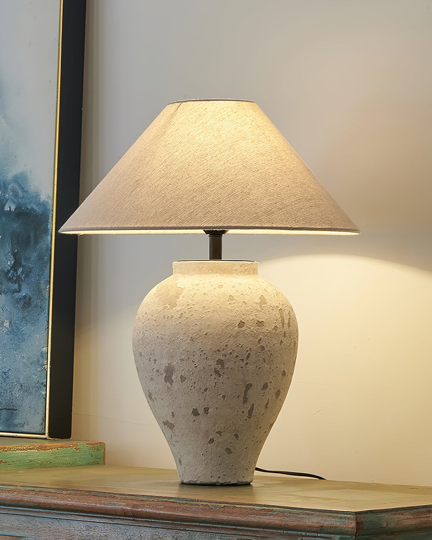 Tuscan Stone Table Lamp | Weathered Ceramic & Metal | Beige Shade