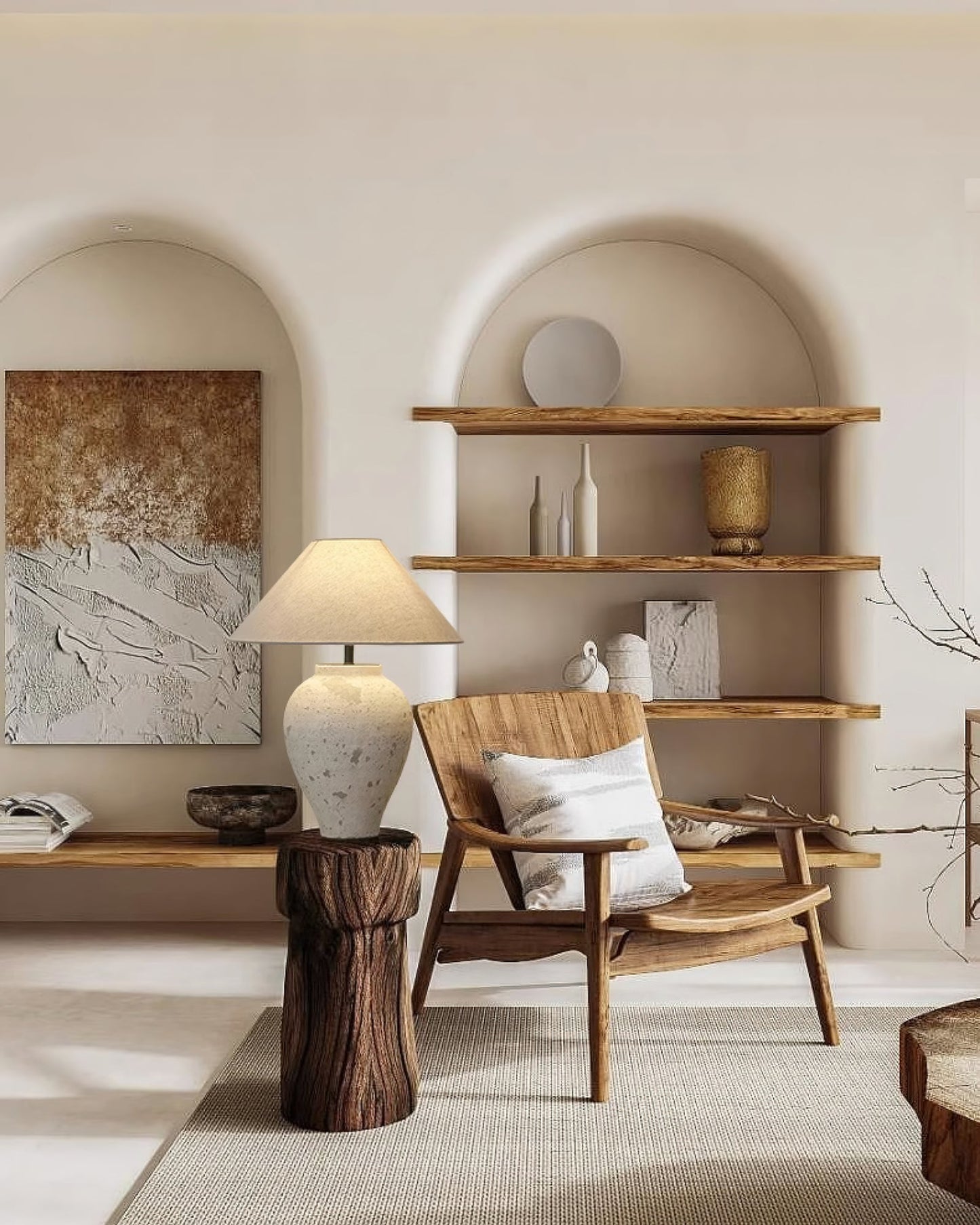 Tuscan Stone Table Lamp | Weathered Ceramic & Metal | Beige Shade
