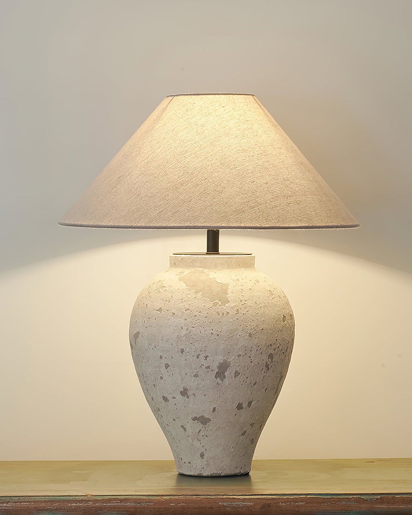 Tuscan Stone Table Lamp | Weathered Ceramic & Metal | Beige Shade