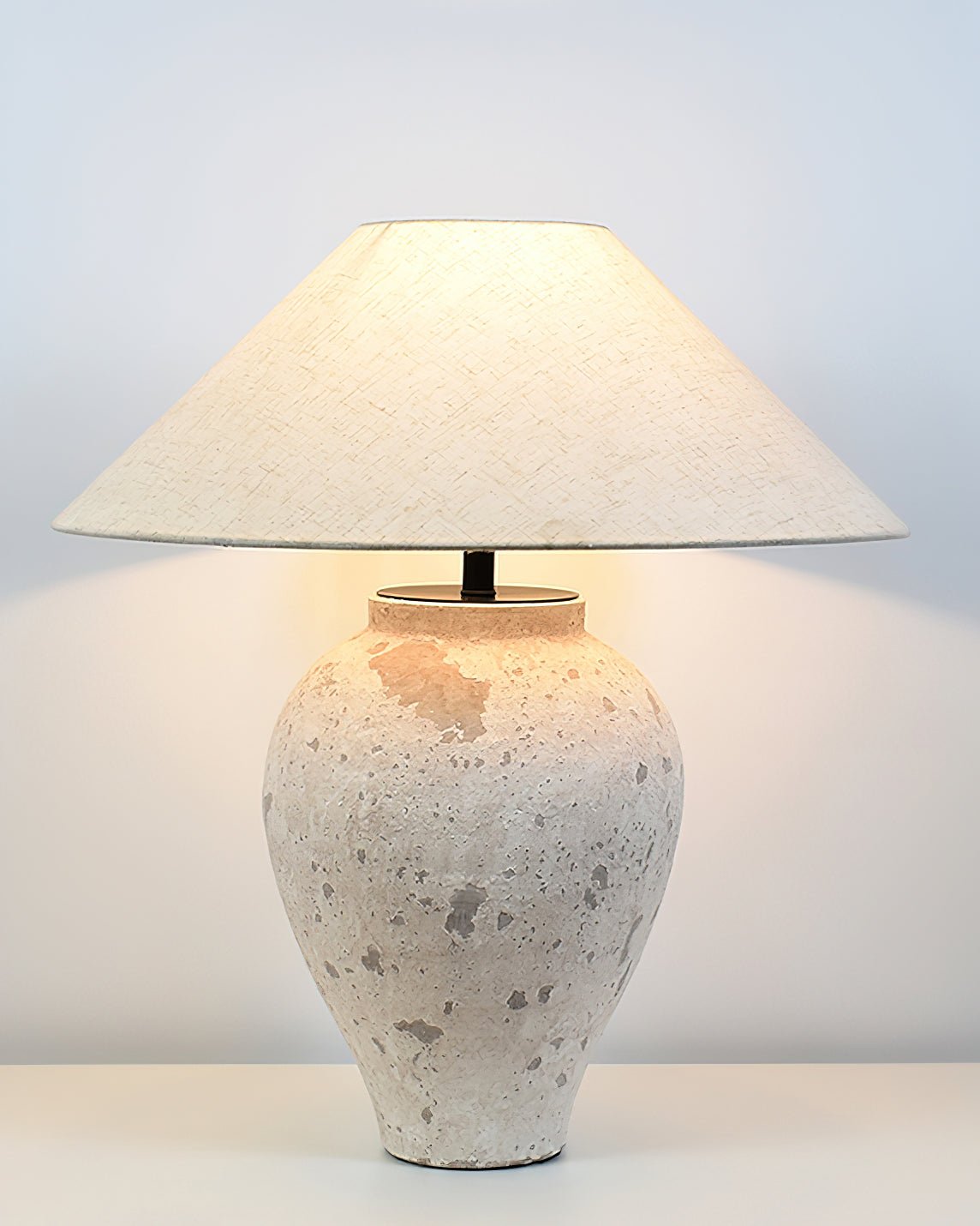 Tuscan Stone Table Lamp | Weathered Ceramic & Metal | Beige Shade