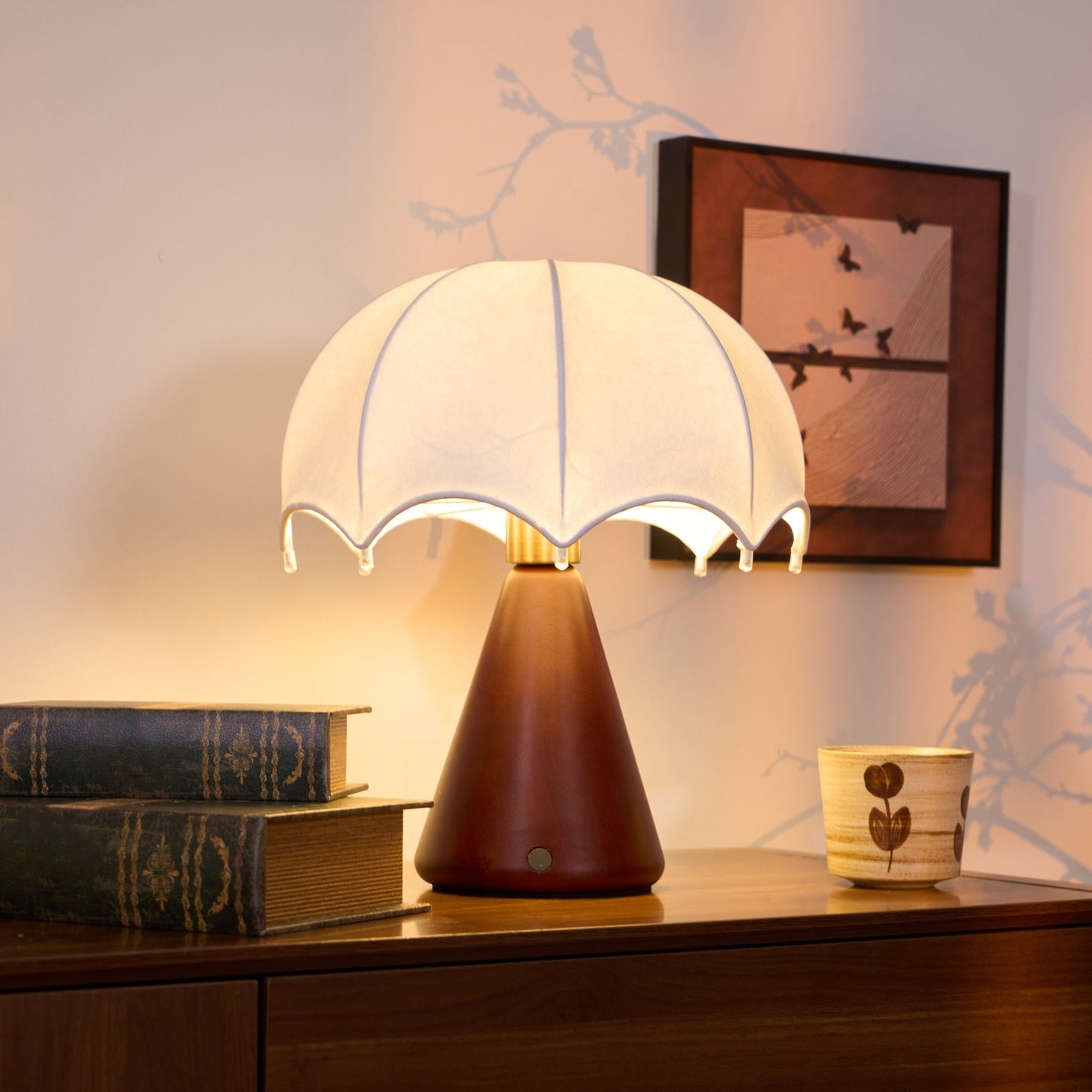 Silk Table Lamp | Rechargeable LED | White Shade & Walnut Base