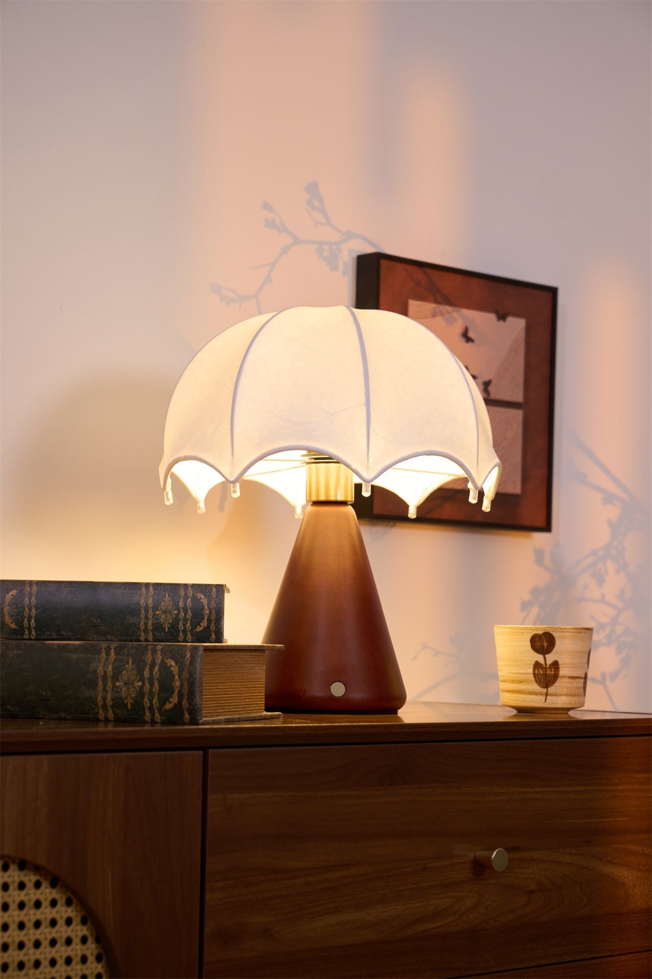 Silk Table Lamp | Rechargeable LED | White Shade & Walnut Base