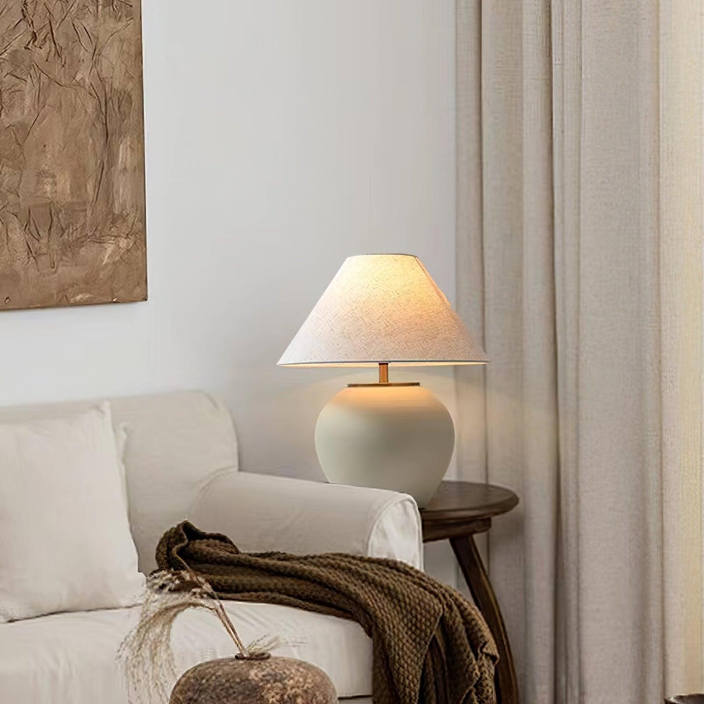 Upsala Ekeby Table Lamp | Handcrafted Ceramic & Metal | Beige with White Shade