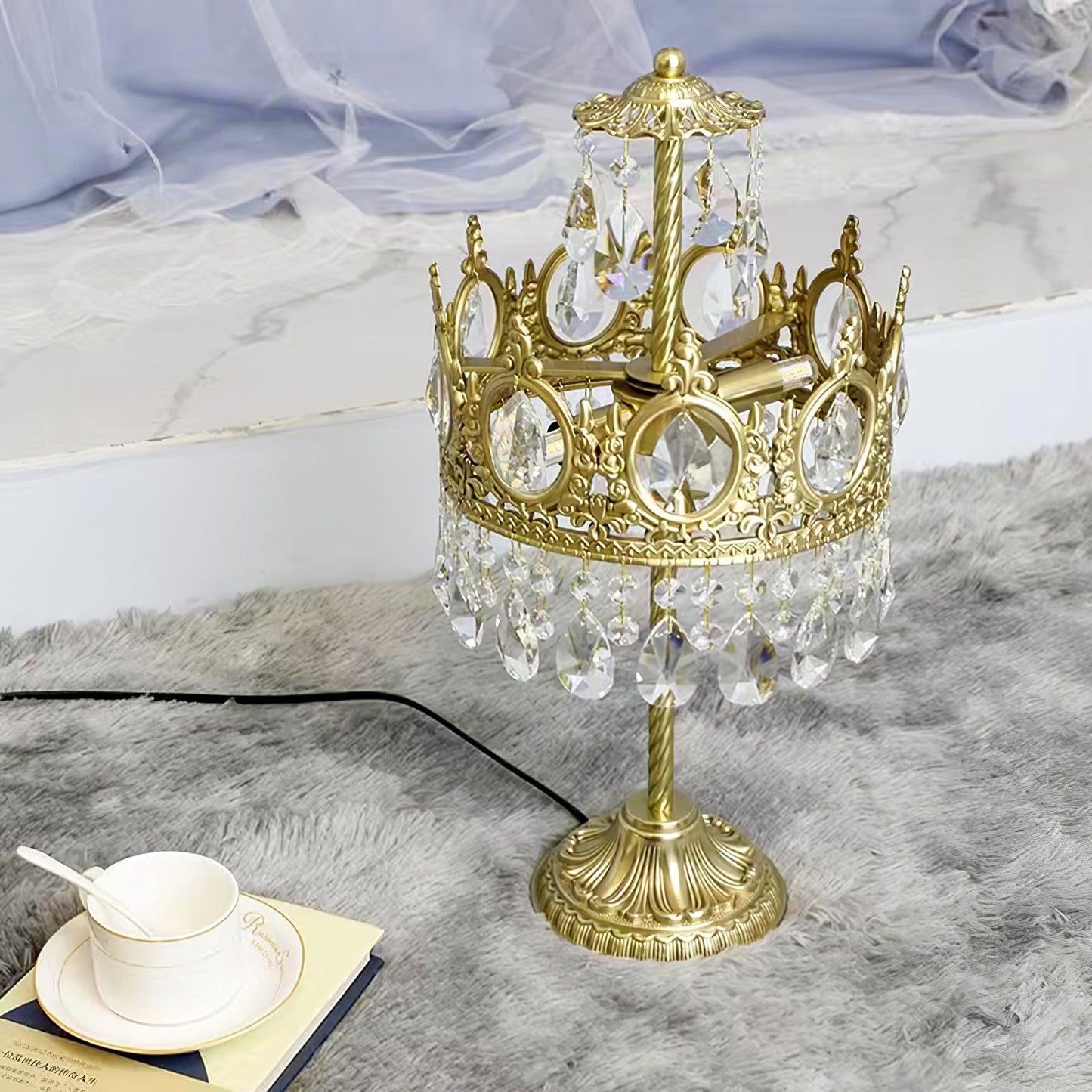 Vintage Crystal Table Lamp | Clear Crystals & Copper Plating | 20cm Diameter