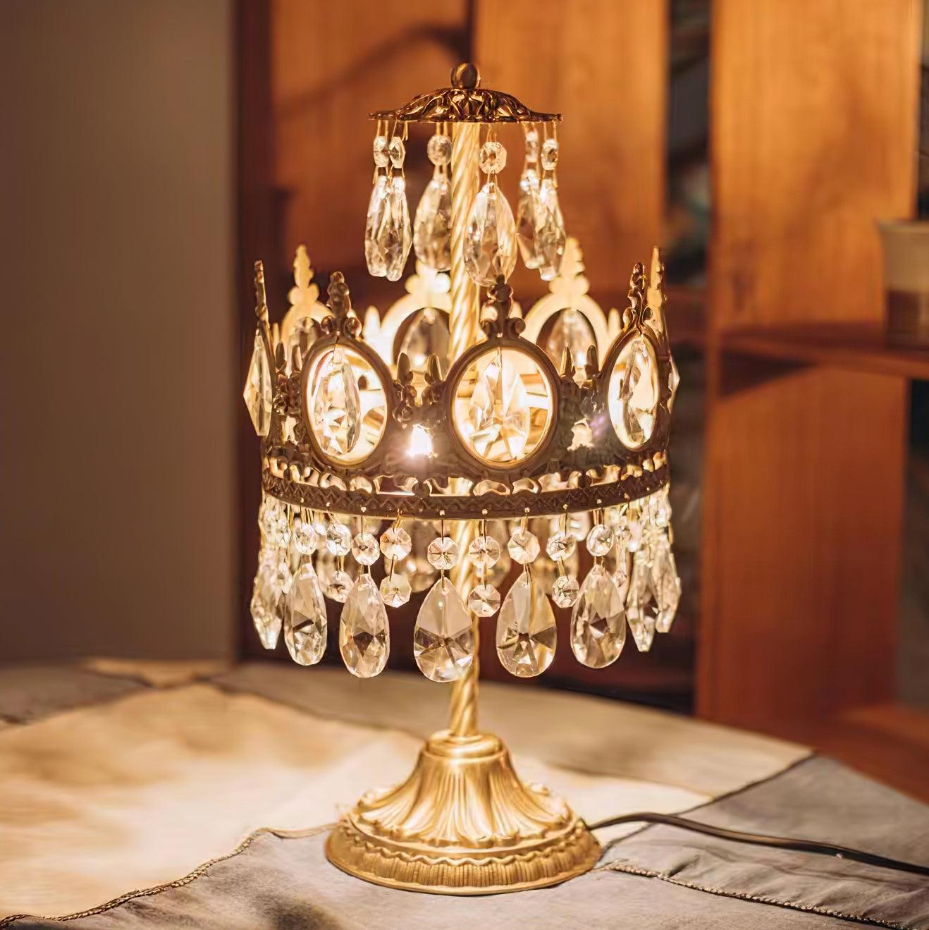 Vintage Crystal Table Lamp | Clear Crystals & Copper Plating | 20cm Diameter