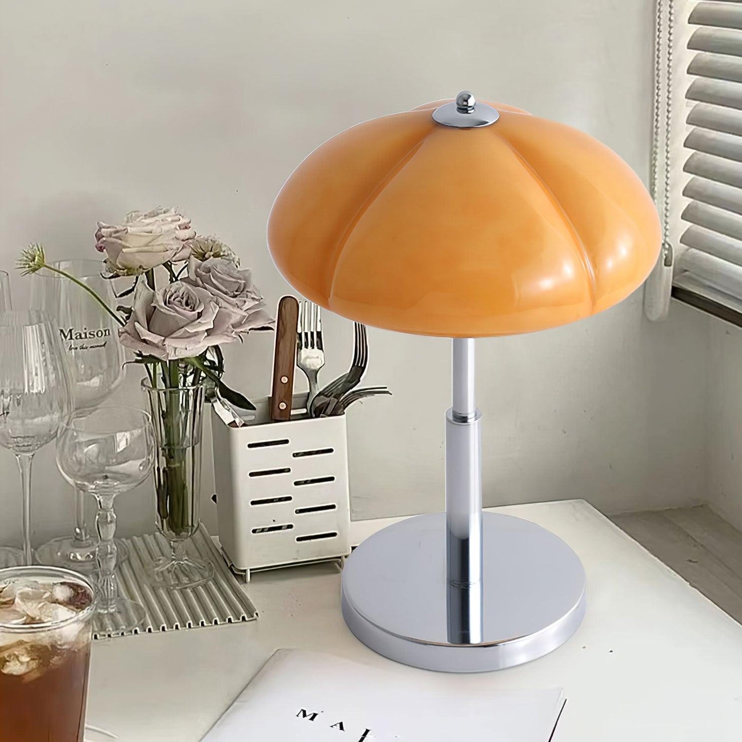 Bauhaus Table Lamp | Amber Glass Shade | Chrome Finish