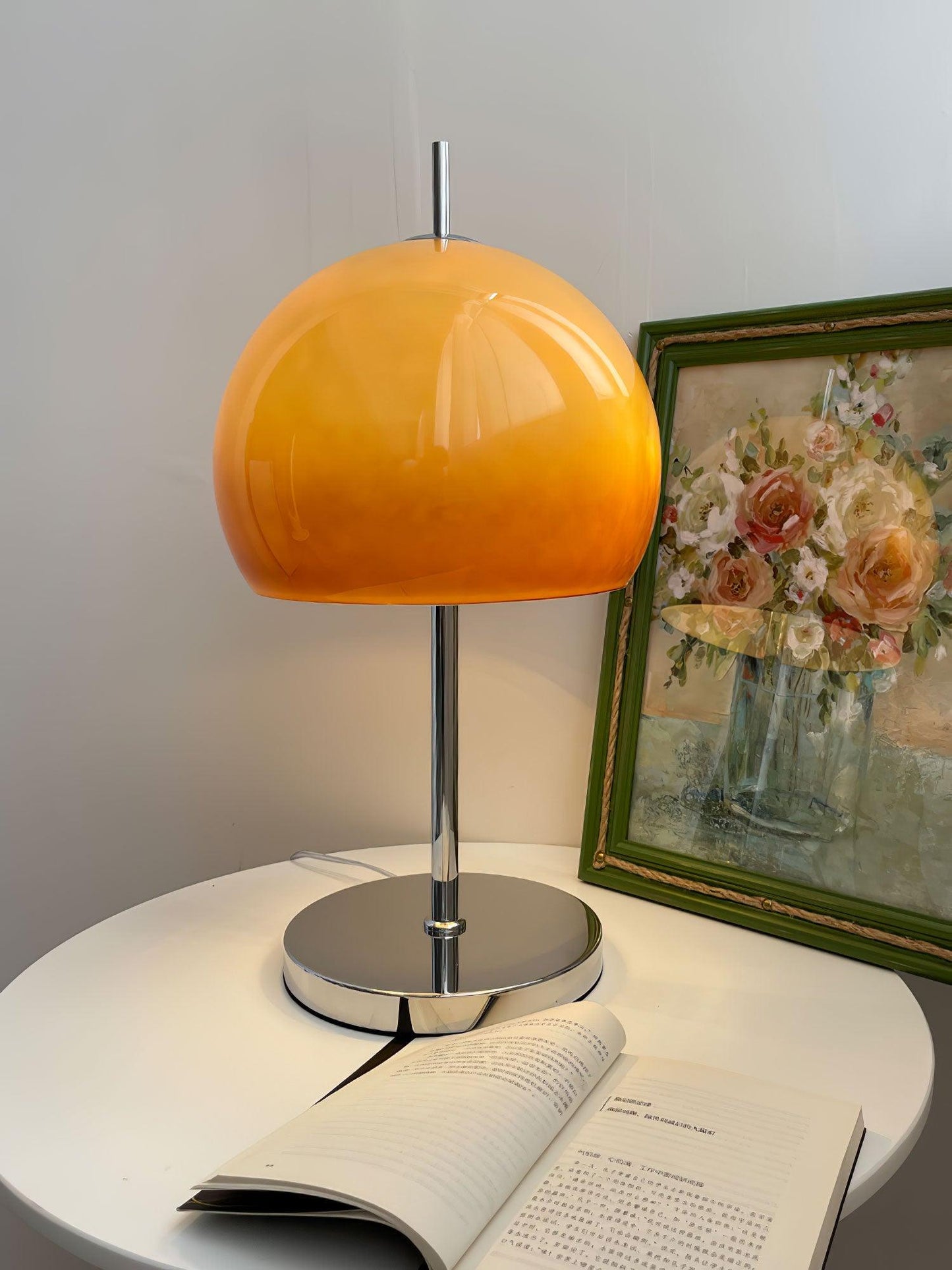 Bauhaus Table Lamp | Amber Glass Shade | Chrome Finish