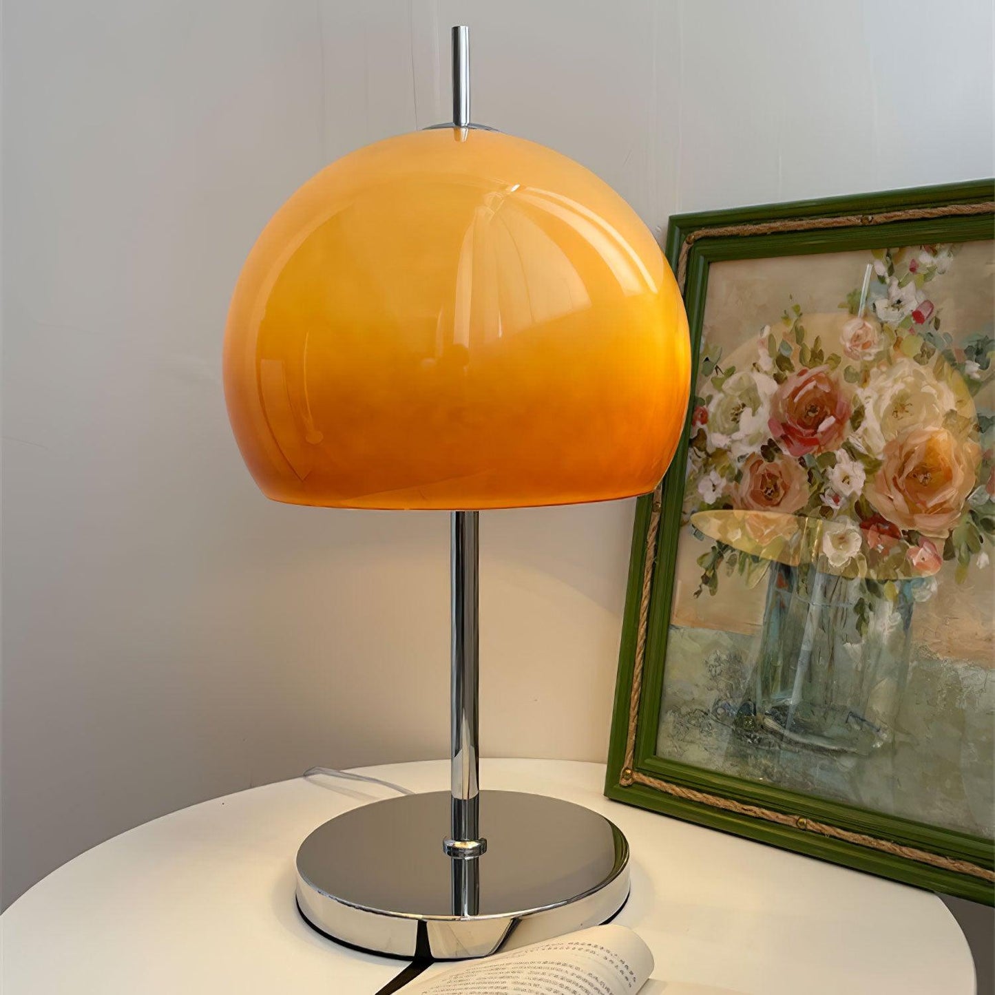 Bauhaus Table Lamp | Amber Glass Shade | Chrome Finish