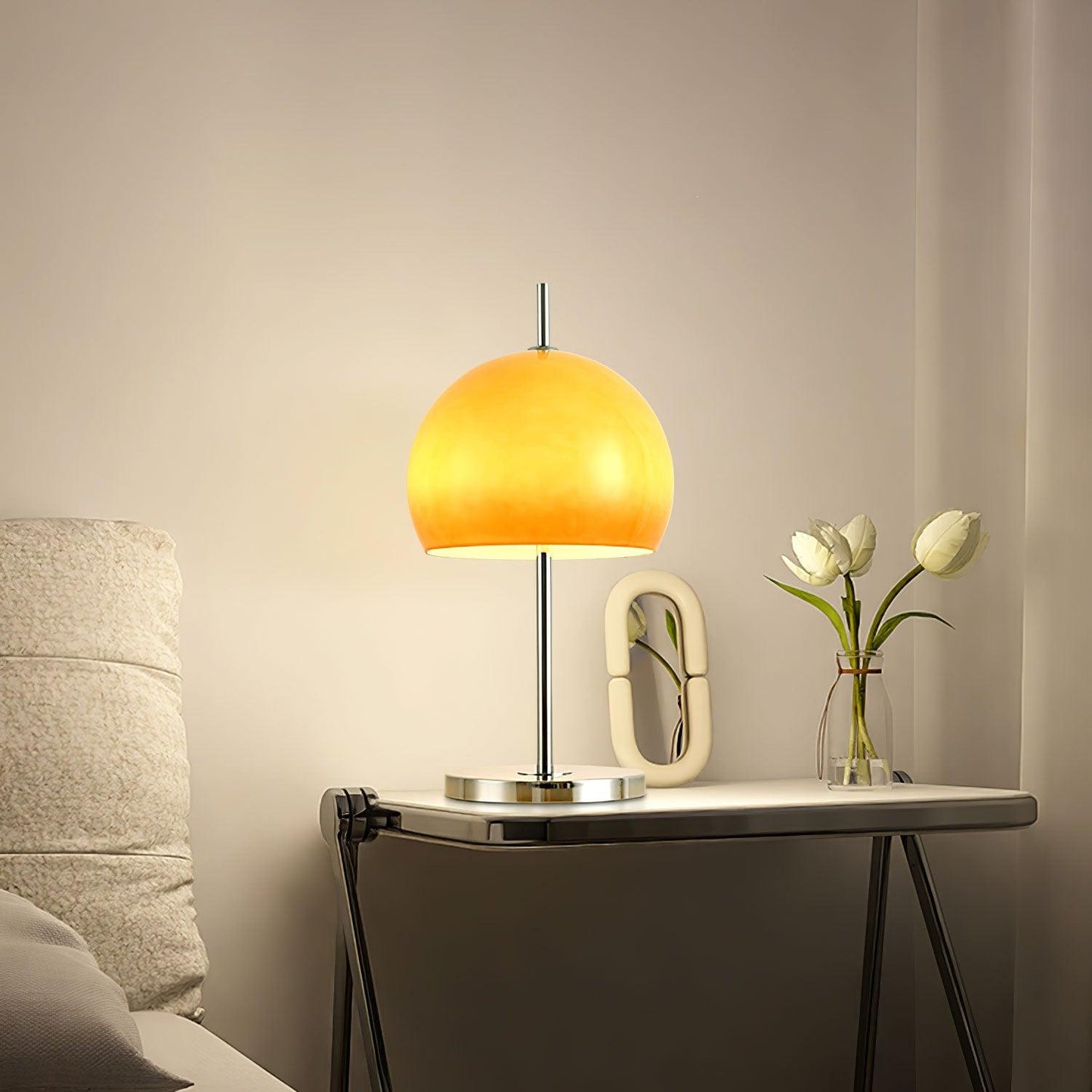 Bauhaus Table Lamp | Amber Glass Shade | Chrome Finish
