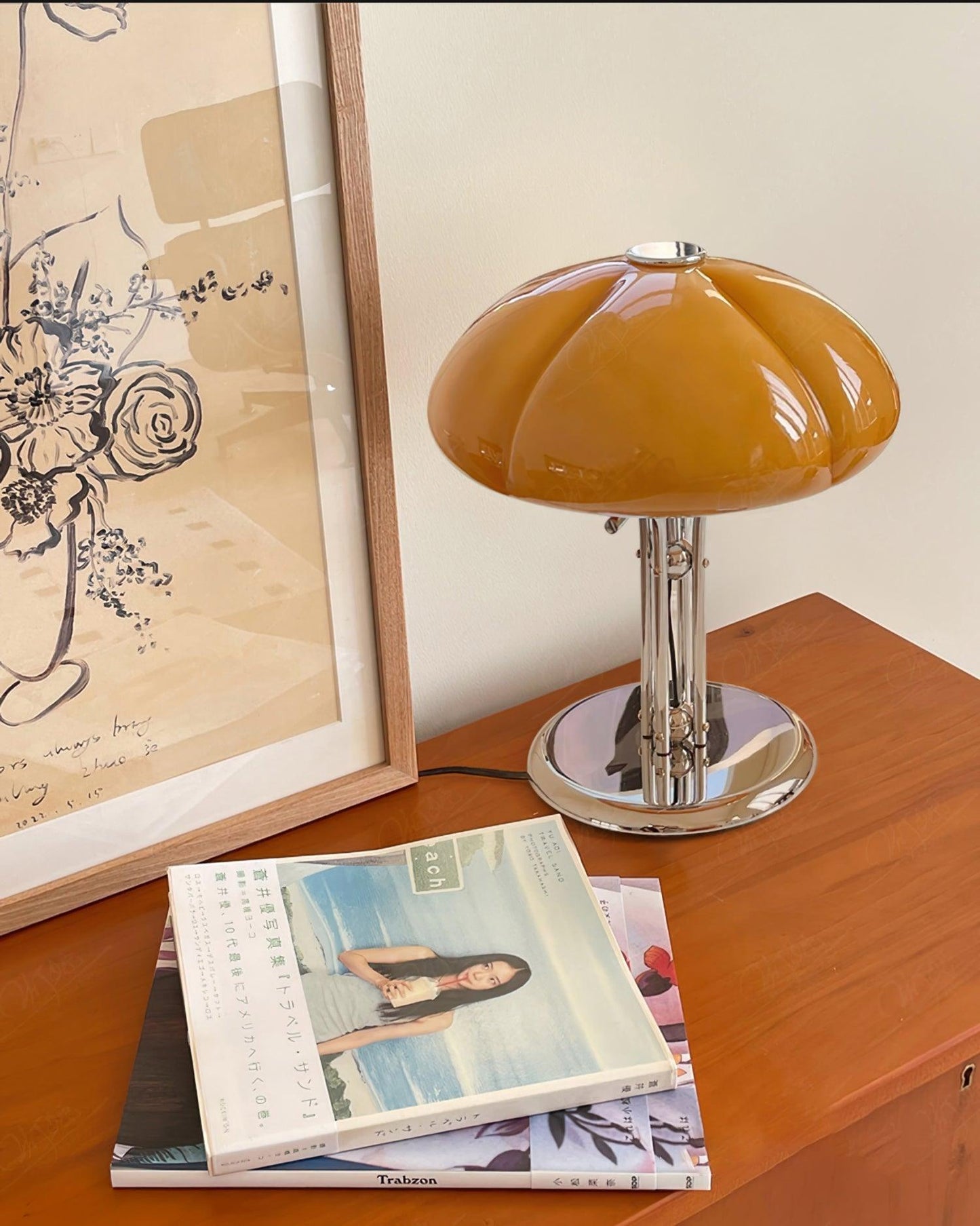 Bauhaus Table Lamp | Amber Glass Shade | Chrome Finish
