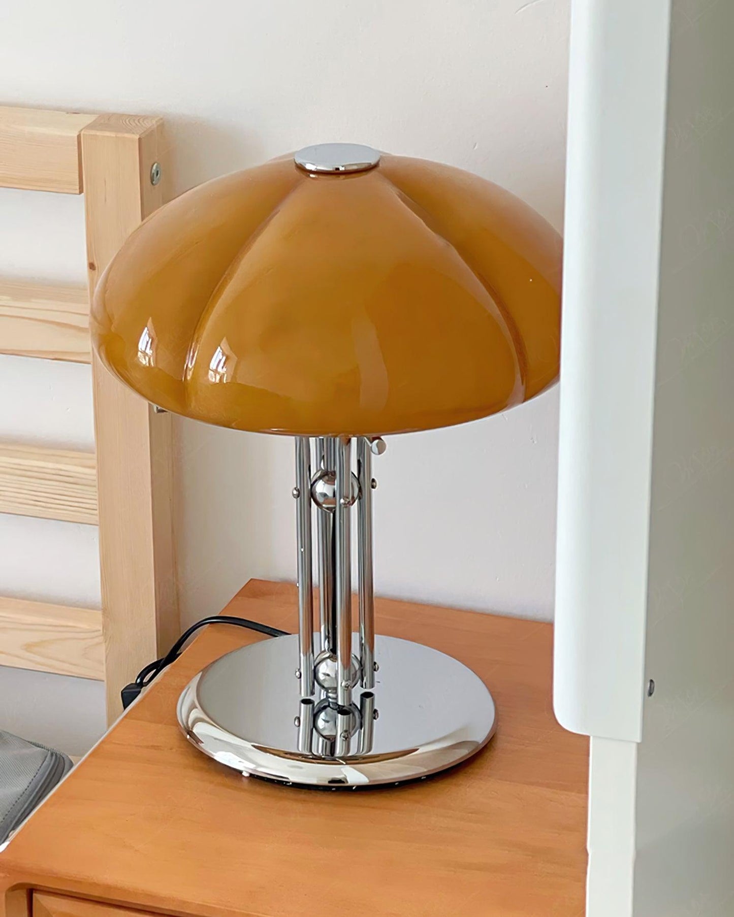 Bauhaus Table Lamp | Amber Glass Shade | Chrome Finish