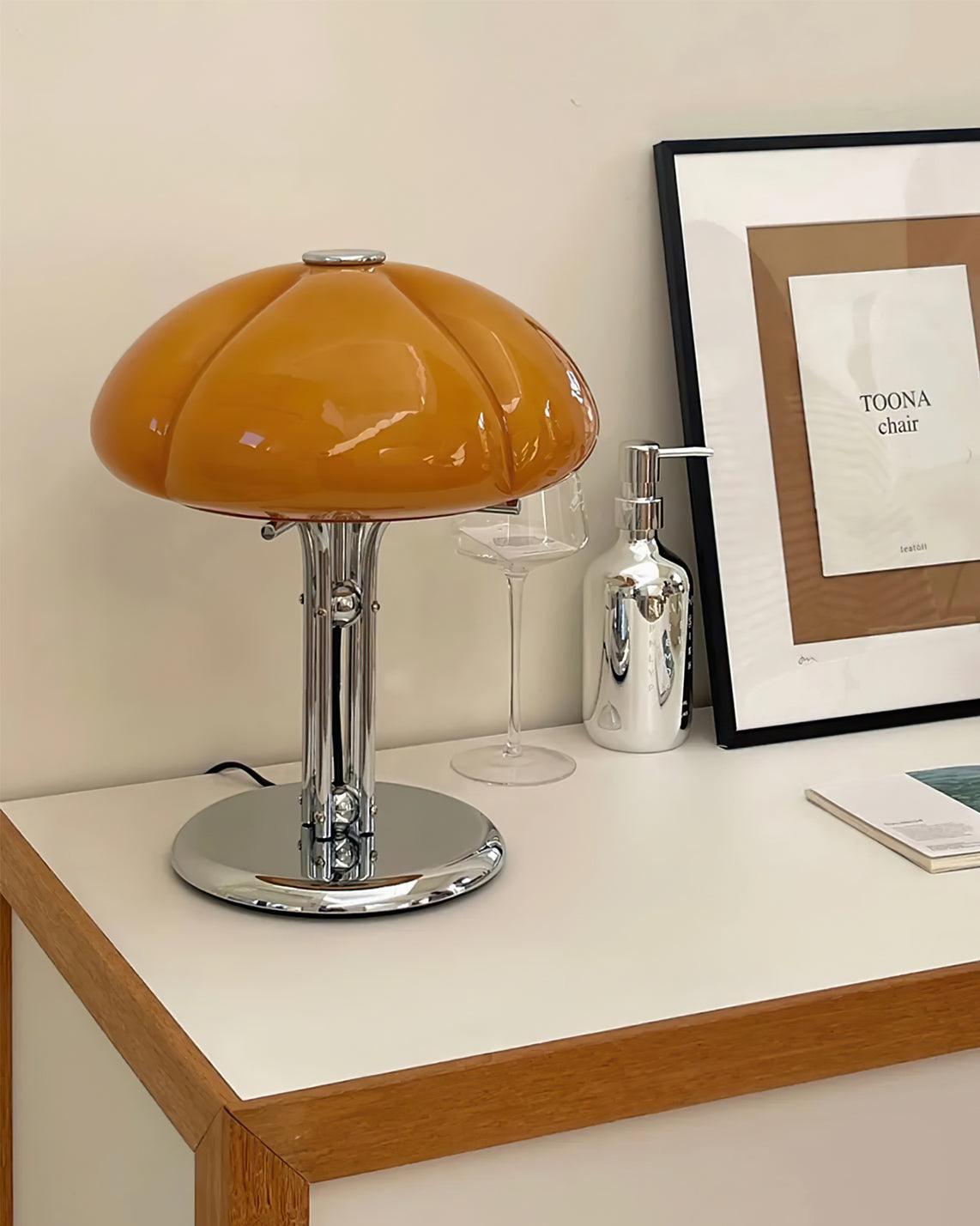 Bauhaus Table Lamp | Amber Glass Shade | Chrome Finish