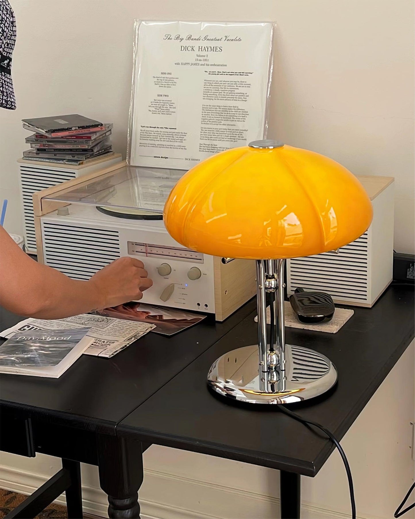 Bauhaus Table Lamp | Amber Glass Shade | Chrome Finish