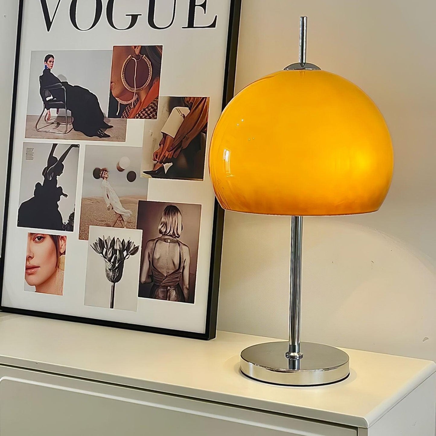 Bauhaus Table Lamp | Amber Glass Shade | Chrome Finish