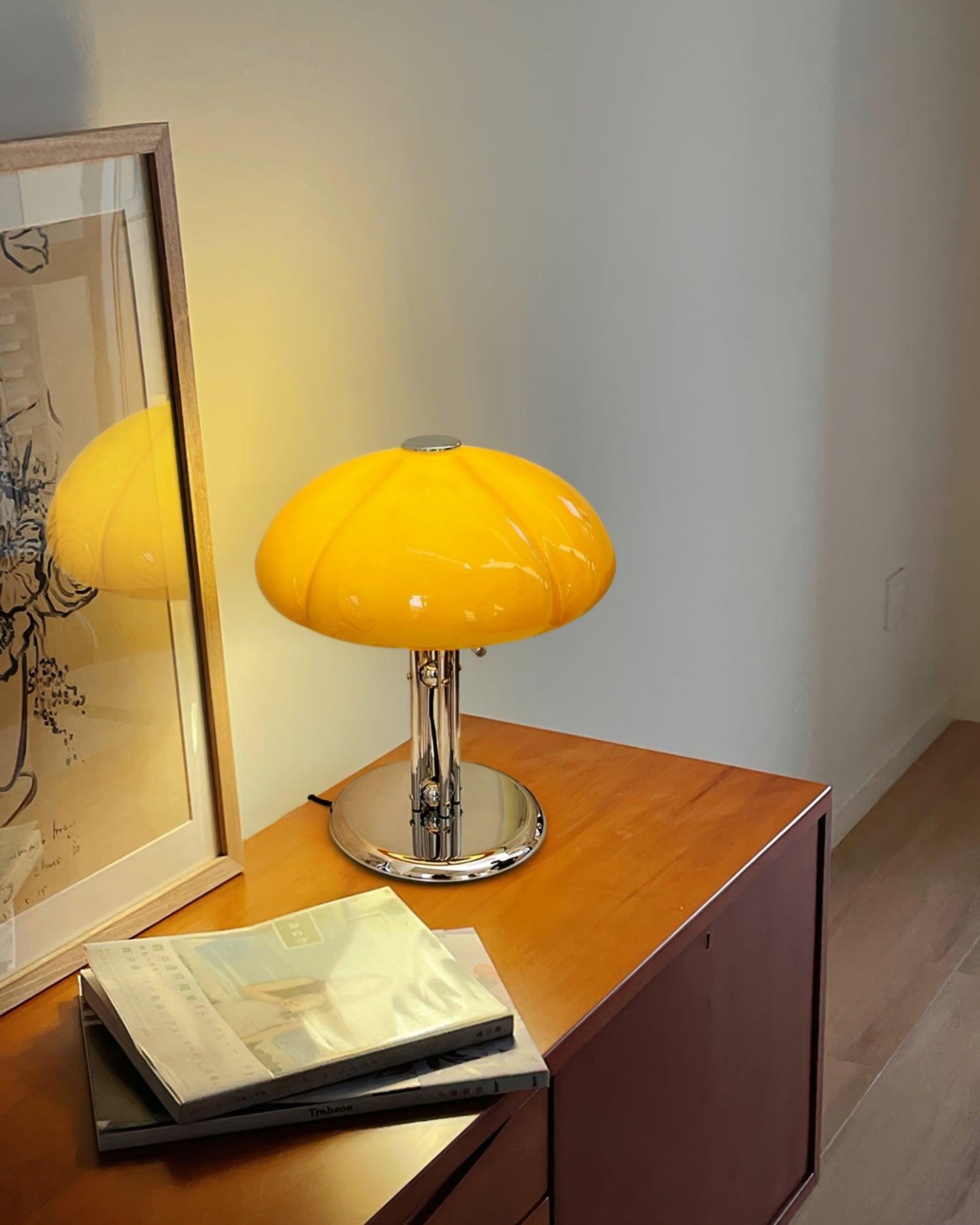 Bauhaus Table Lamp | Amber Glass Shade | Chrome Finish