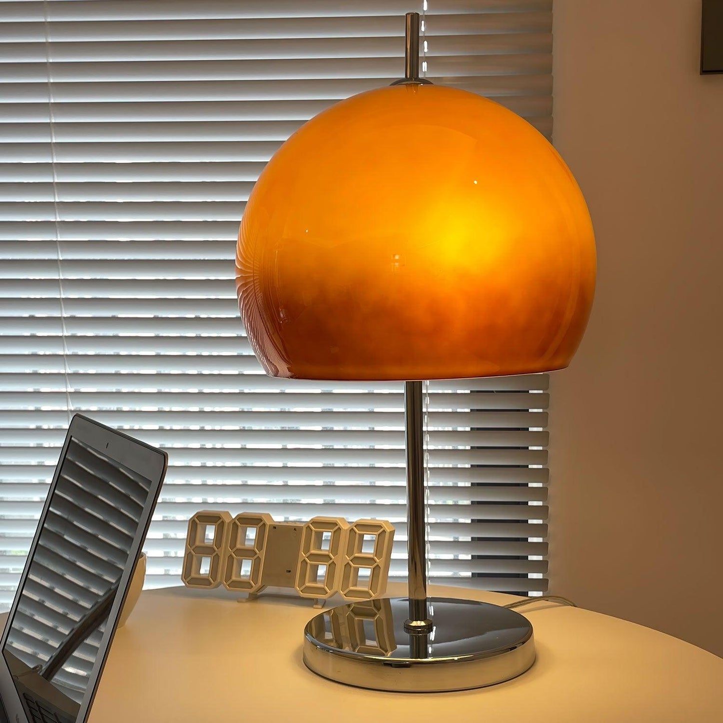 Bauhaus Table Lamp | Amber Glass Shade | Chrome Finish