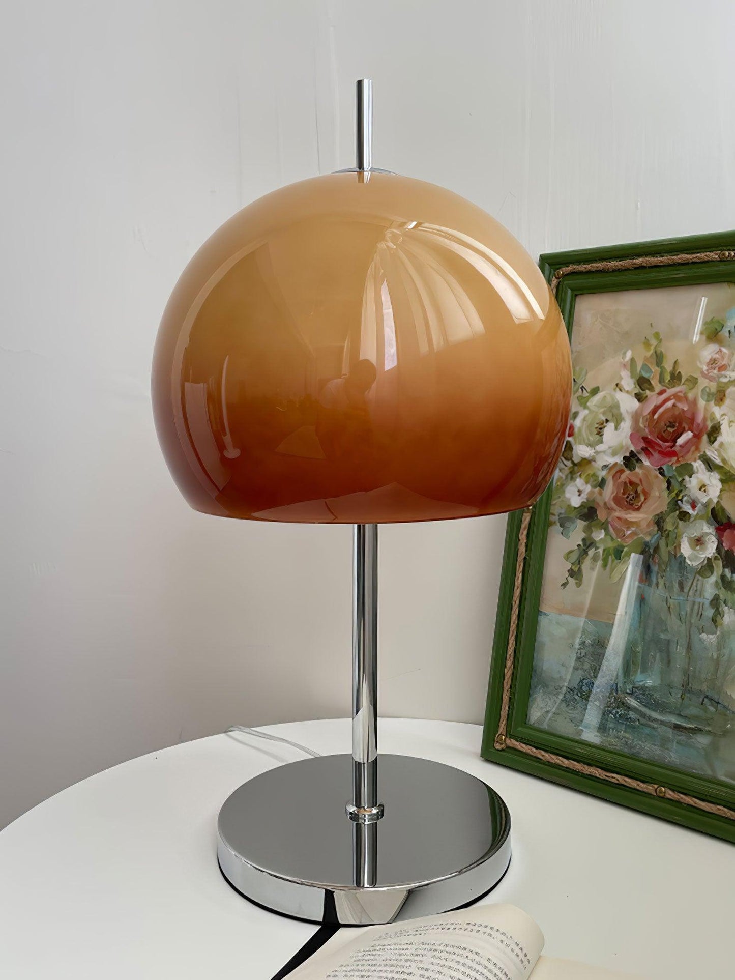 Bauhaus Table Lamp | Amber Glass Shade | Chrome Finish