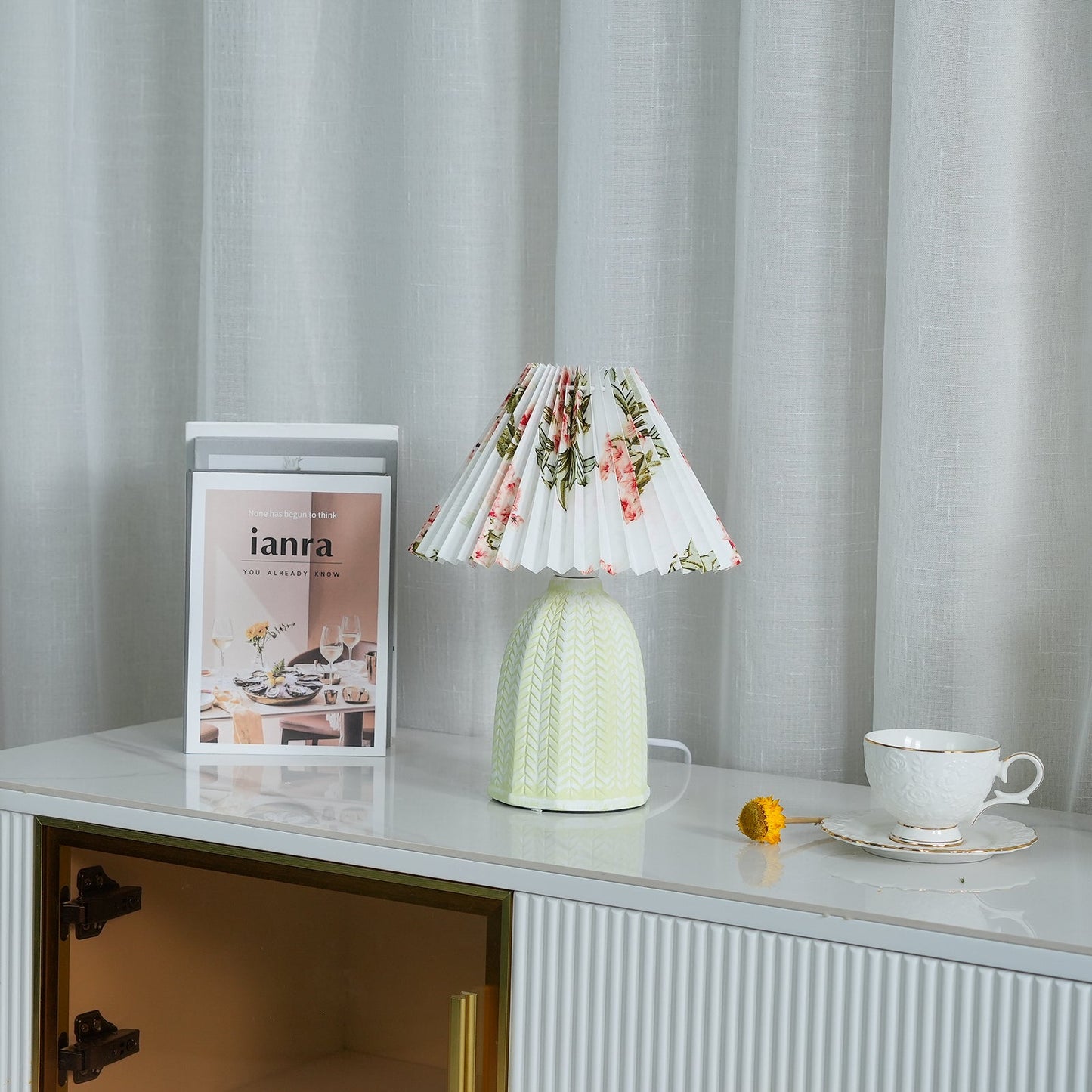 Vintage Table Lamp | Ceramic & Fabric | Light Green & Beige