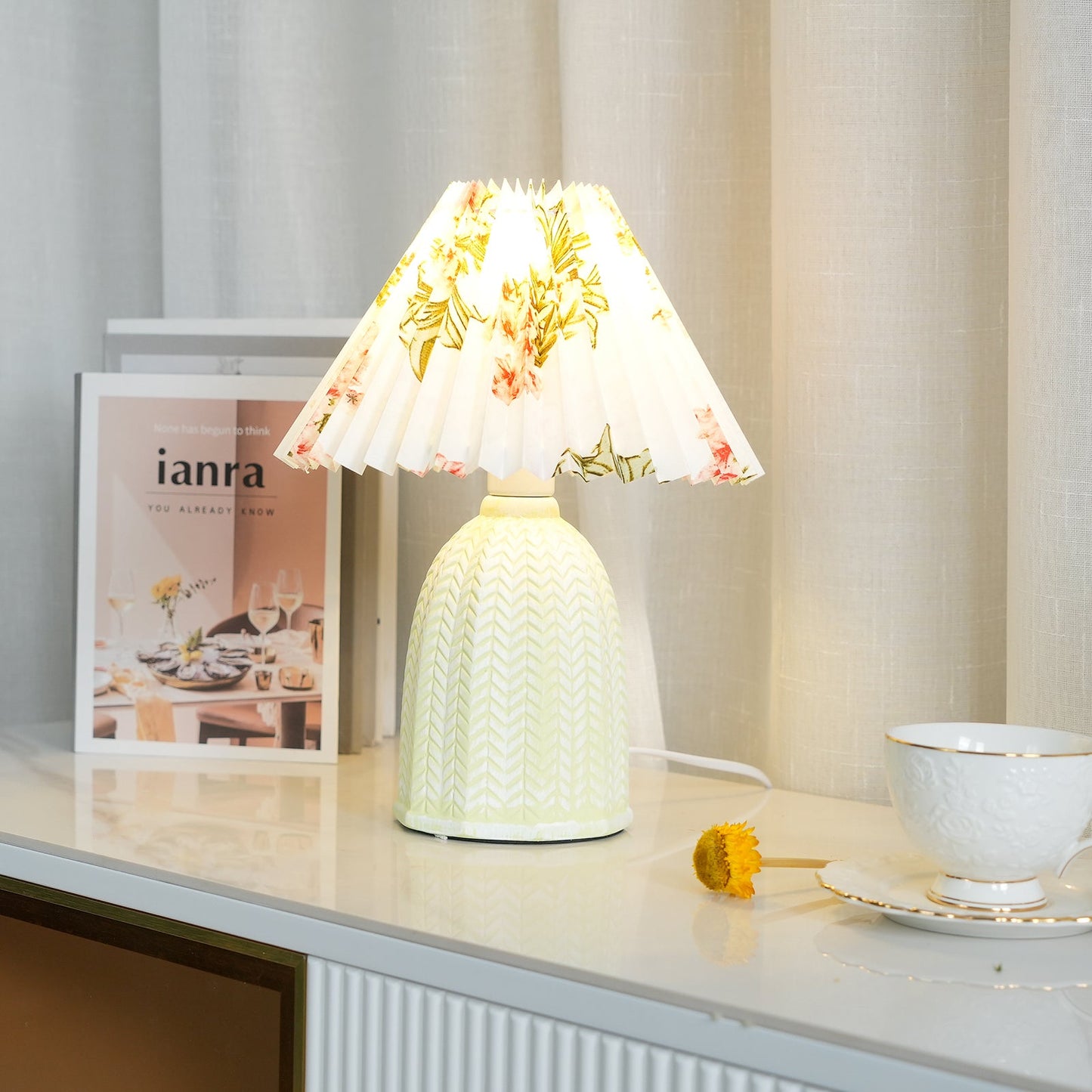 Vintage Table Lamp | Ceramic & Fabric | Light Green & Beige