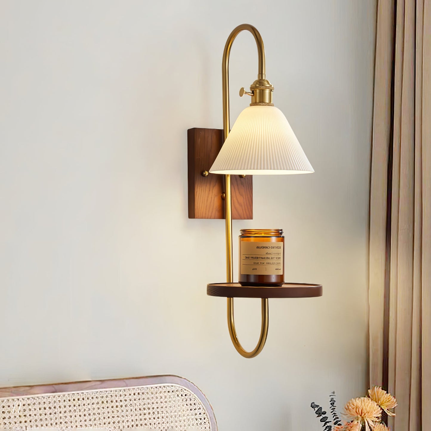 Walnut Shelf Sconce | Brass Arm & Glass Shade | Set of 2