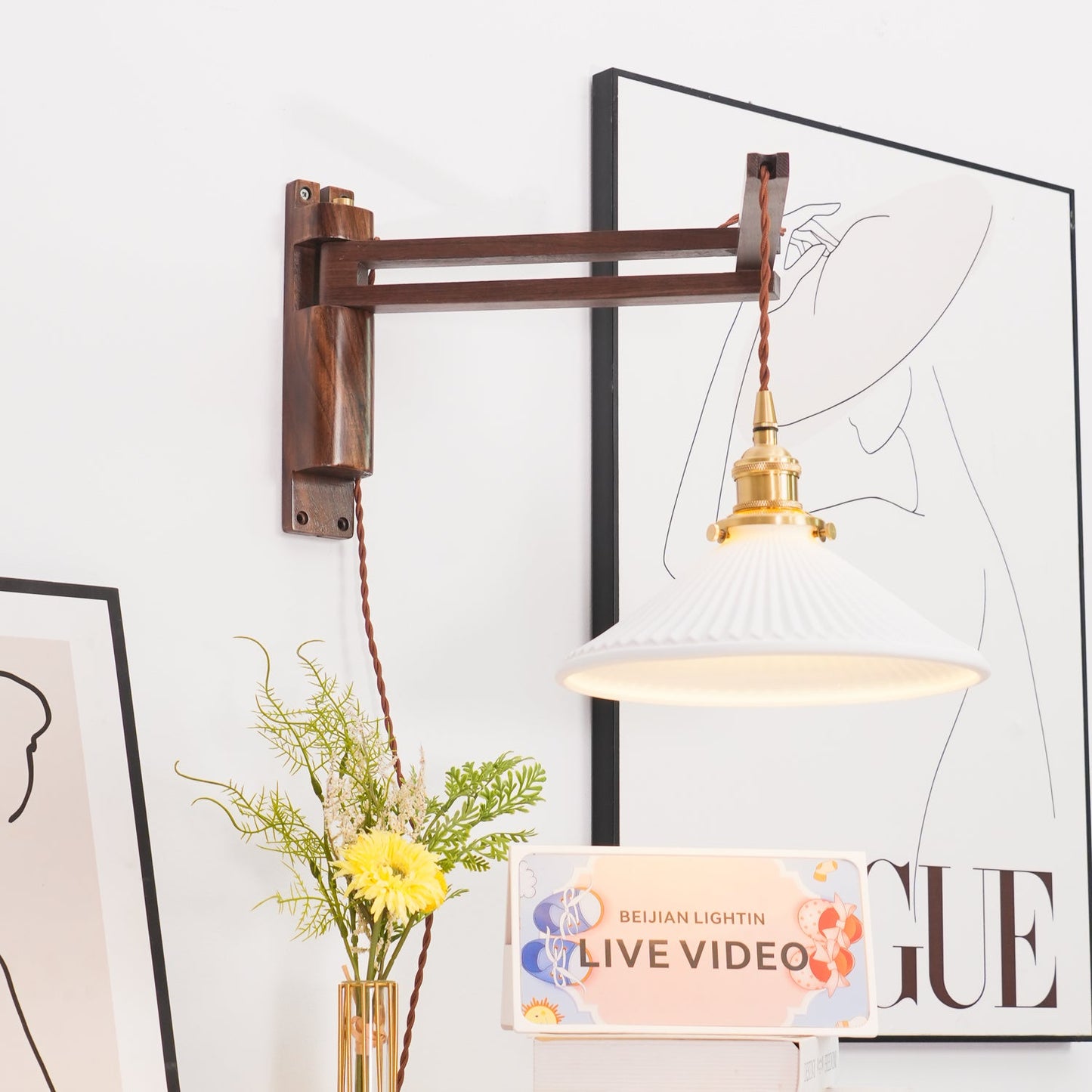 Walnut Swing Arm Wall Light | White Pleated Ceramic Shade | Adjustable Design