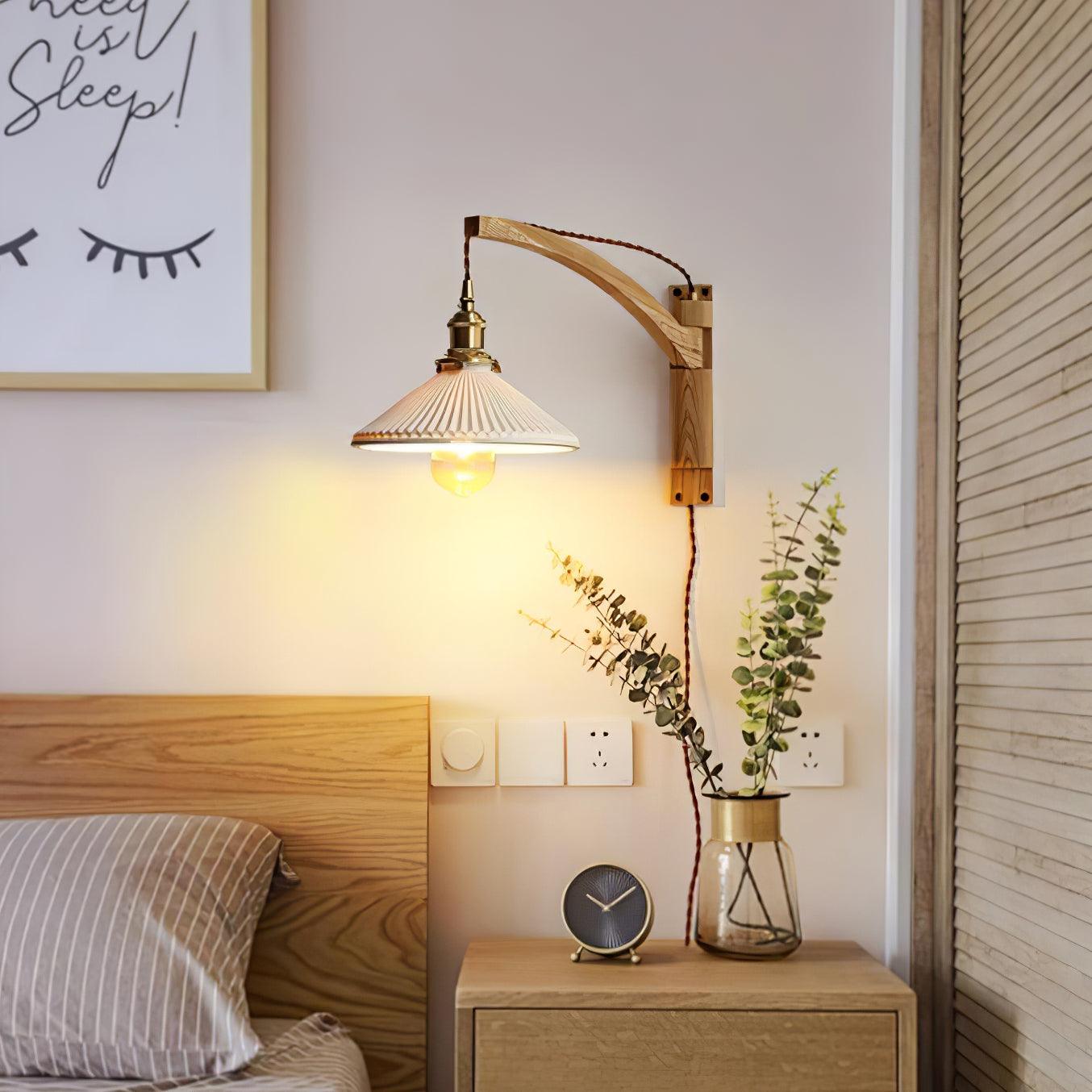 Walnut Swing Arm Wall Light | White Pleated Ceramic Shade | Adjustable Design