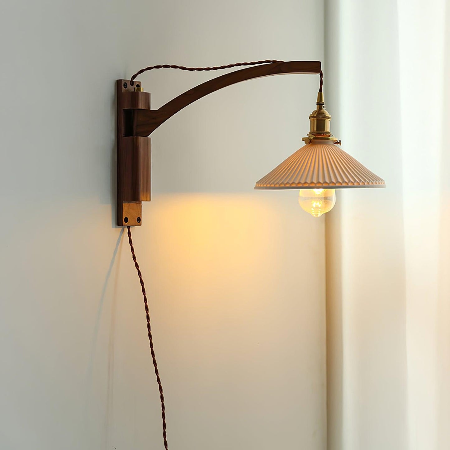 Walnut Swing Arm Wall Light | White Pleated Ceramic Shade | Adjustable Design