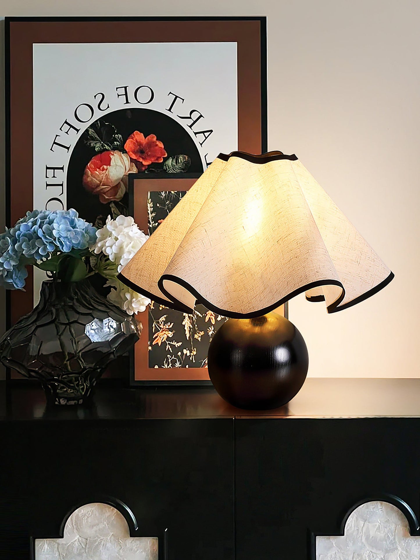 Wavecrest Table Lamp | Wooden Base & Fabric Shade | Walnut Color
