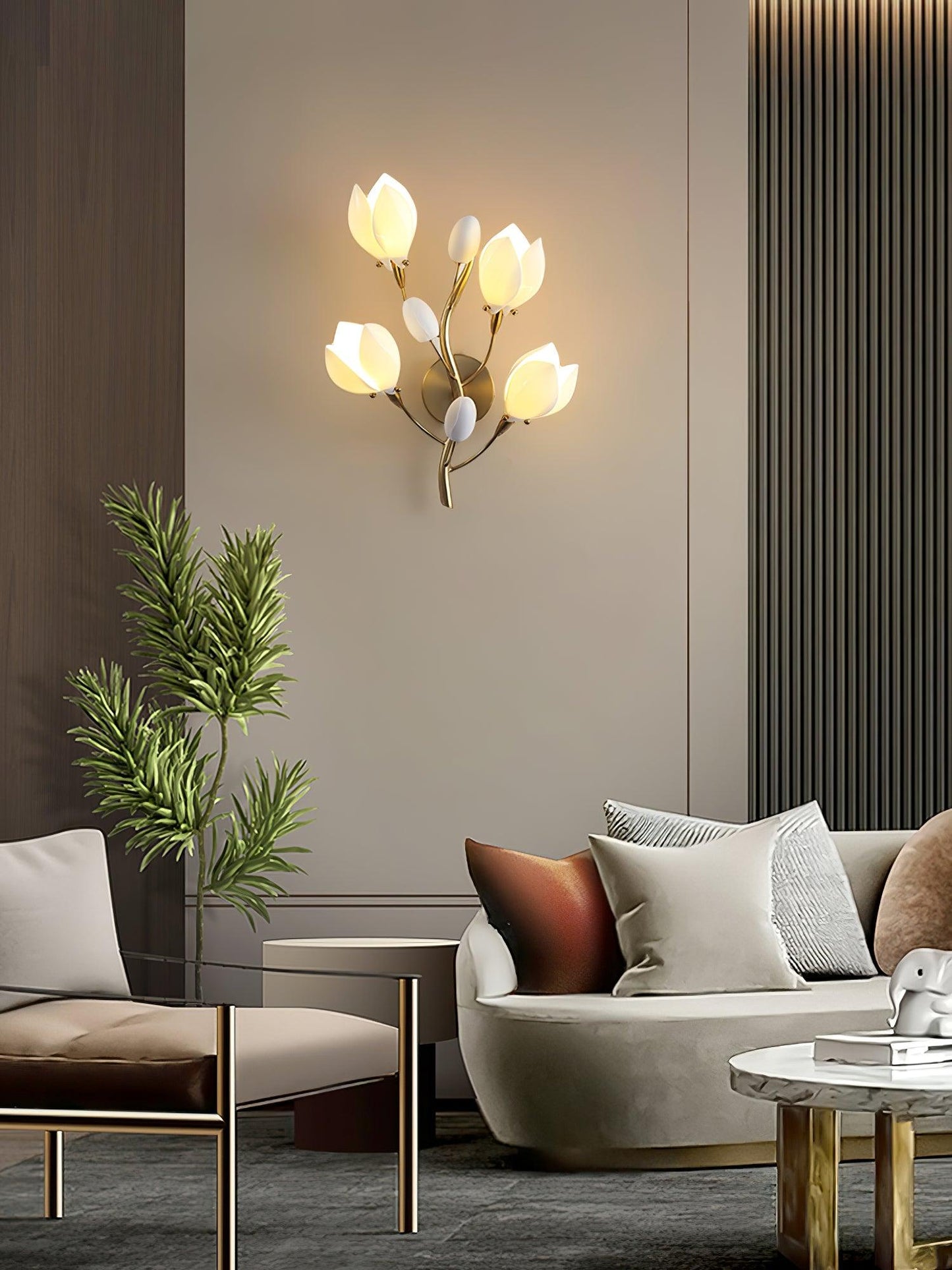 Porcelain Magnolia Wall Lamp | White Ceramic & Gold Metal | Set of 2
