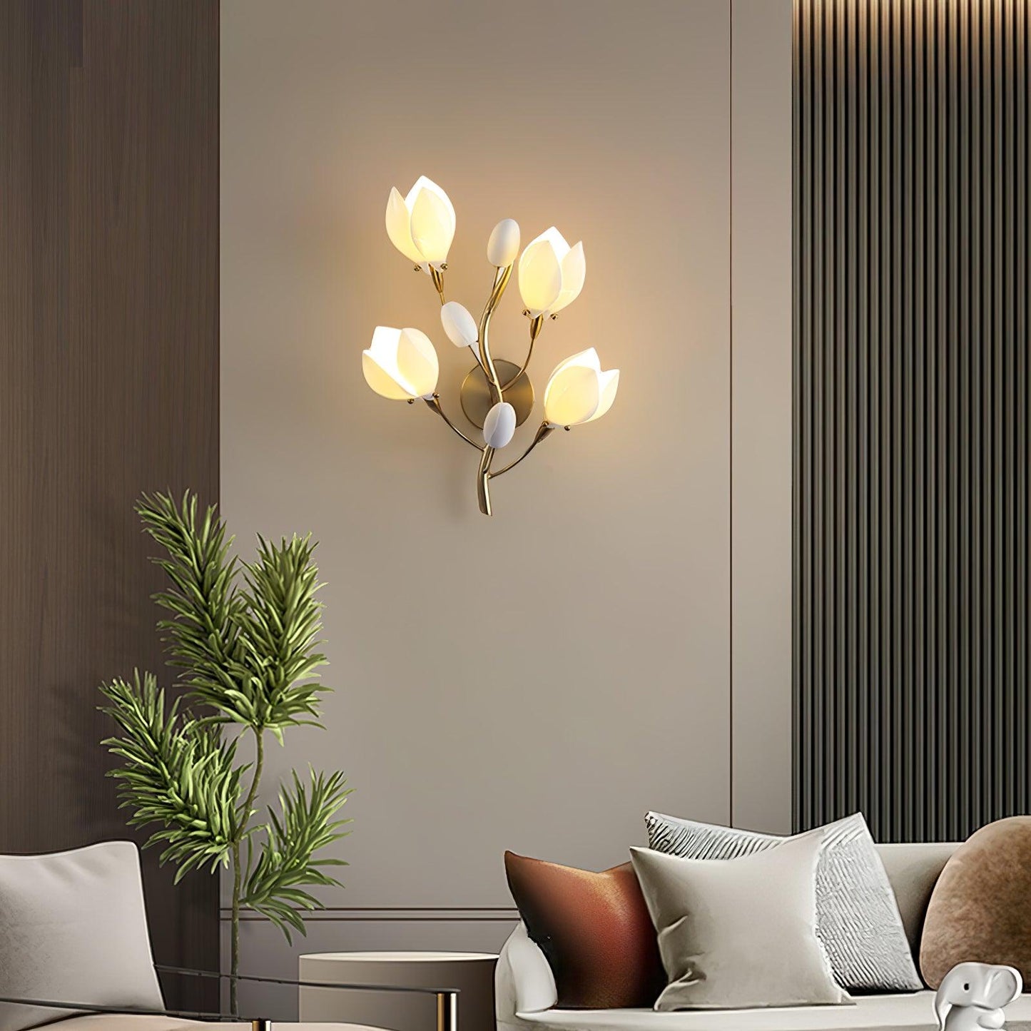 Porcelain Magnolia Wall Lamp | White Ceramic & Gold Metal | Set of 2