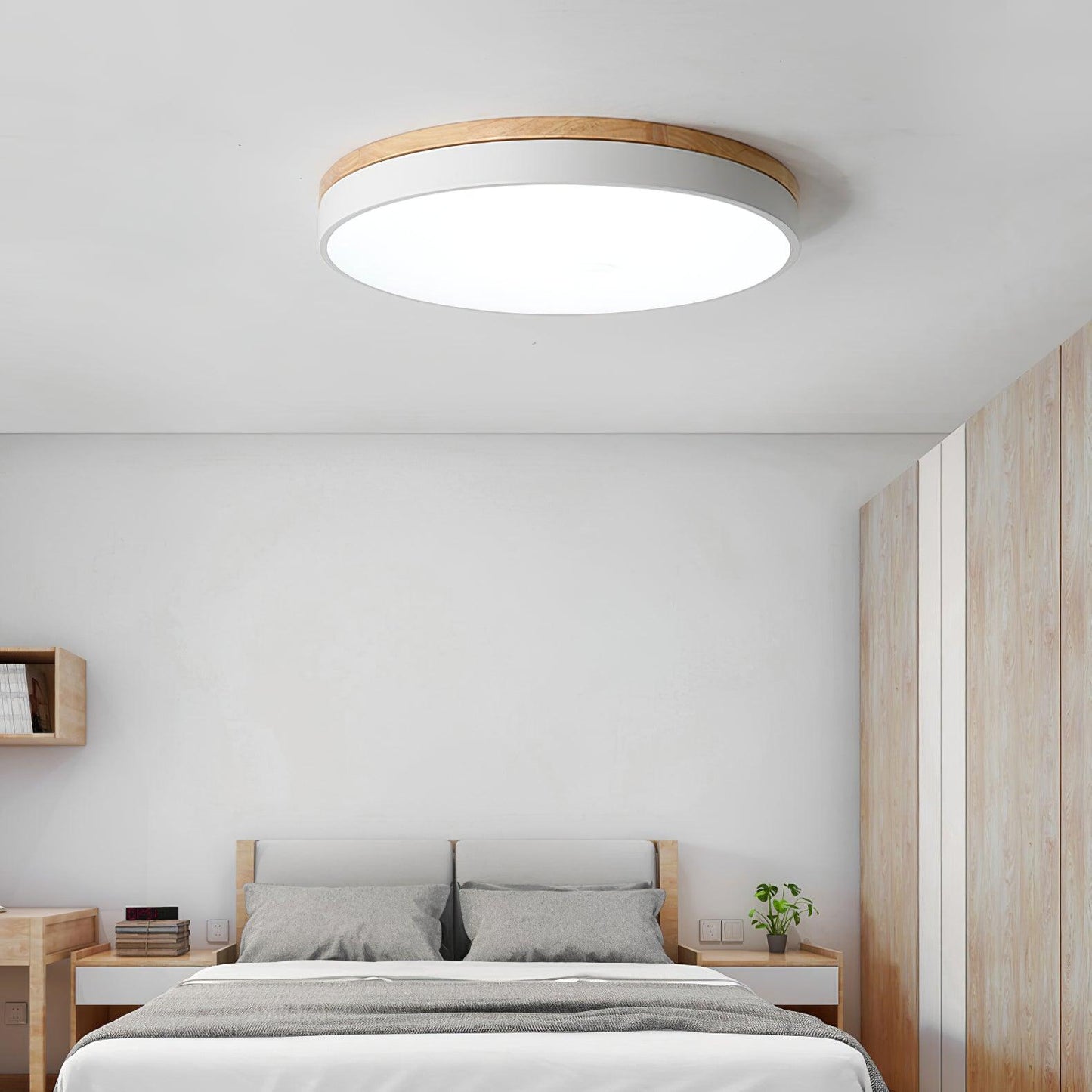 White Round Wooden Ceiling Lamp | Built-in LED | 30cm, 40cm, 50cm Options