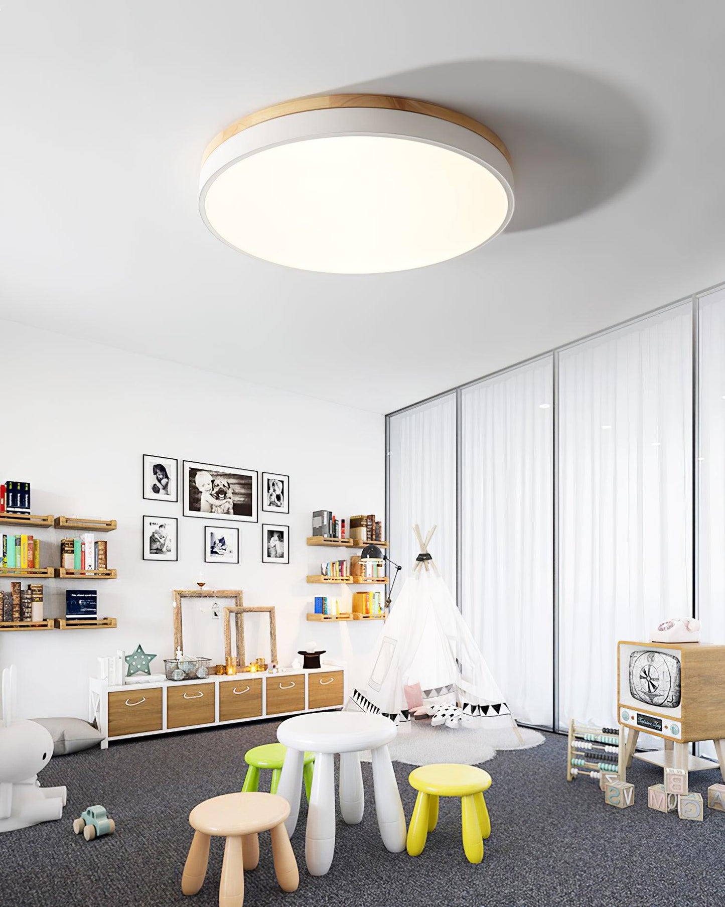 White Round Wooden Ceiling Lamp | Built-in LED | 30cm, 40cm, 50cm Options
