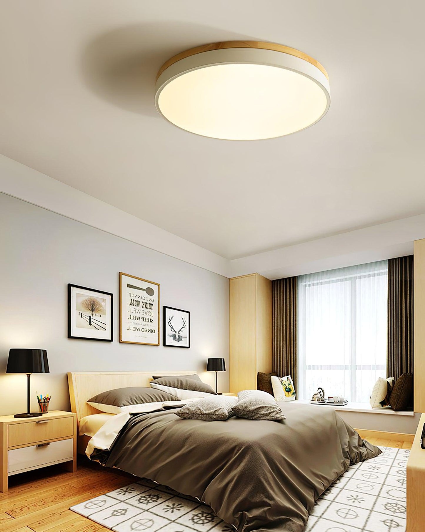 White Round Wooden Ceiling Lamp | Built-in LED | 30cm, 40cm, 50cm Options
